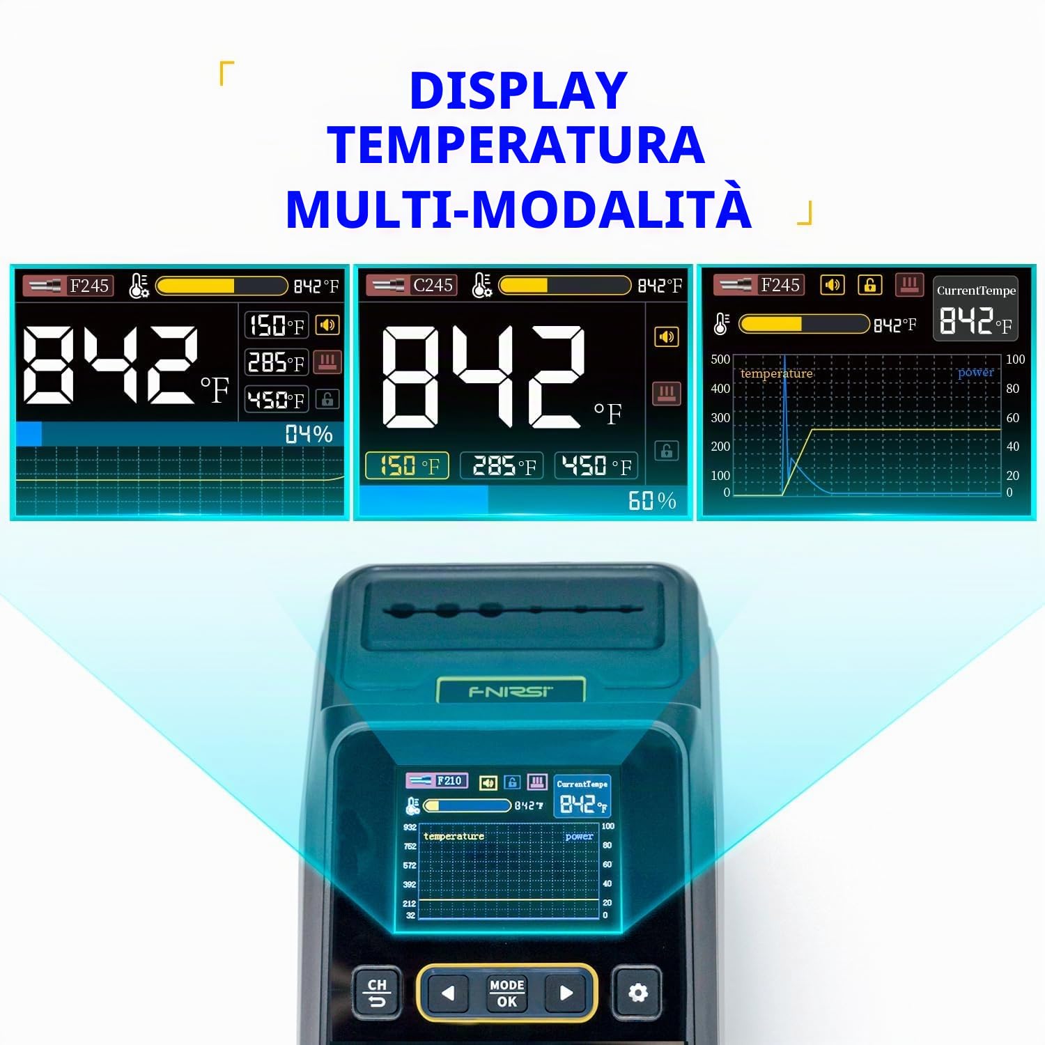 FNIRSI DWS-200 200W Precisione Digitale Stazione Saldatura Kit con 9 Punte (F210*3 e F245*6) e 2 Mani Assistente, 3 Memorie Temperature, Modalità Temperatura/Curva, Display TFT HD 2.8"