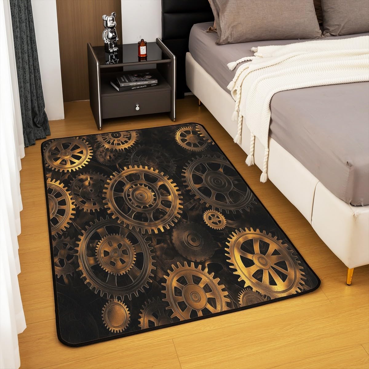 Golden Ndustrial Gear Area Rug Steampunk Style Carpet 3x5 Clocks Theme Indoor Floor Mat for Kids Boys Teens Men