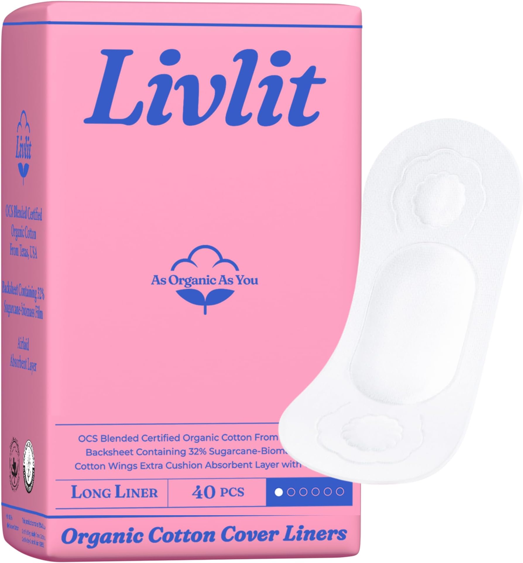 Livlit Ultra Thin Panty Liners Sanitary Pads, 100% Certified Organic Cotton from Texas, Light Absorbency, Chlorine Free, Unscented, Hypoallergenic Panty Liners for Women (40 Count)