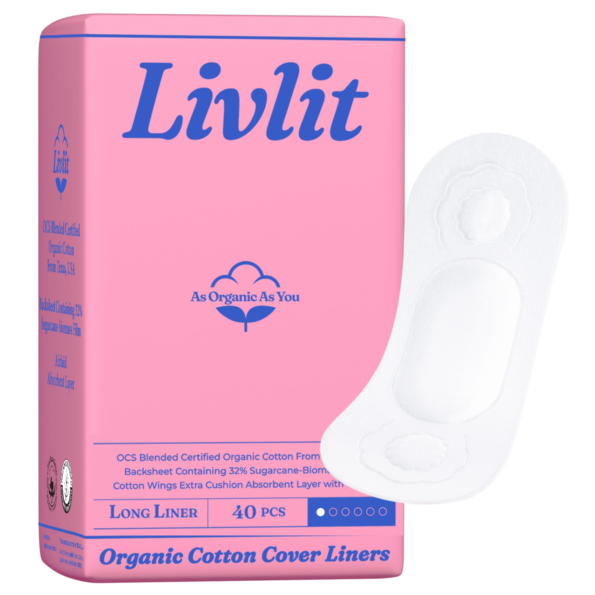 Livlit Ultra Thin Panty Liners Sanitary Pads, 100% Certified Organic Cotton from Texas, Light Absorbency, Chlorine Free, Unscented, Hypoallergenic Panty Liners for Women (40 Count)
