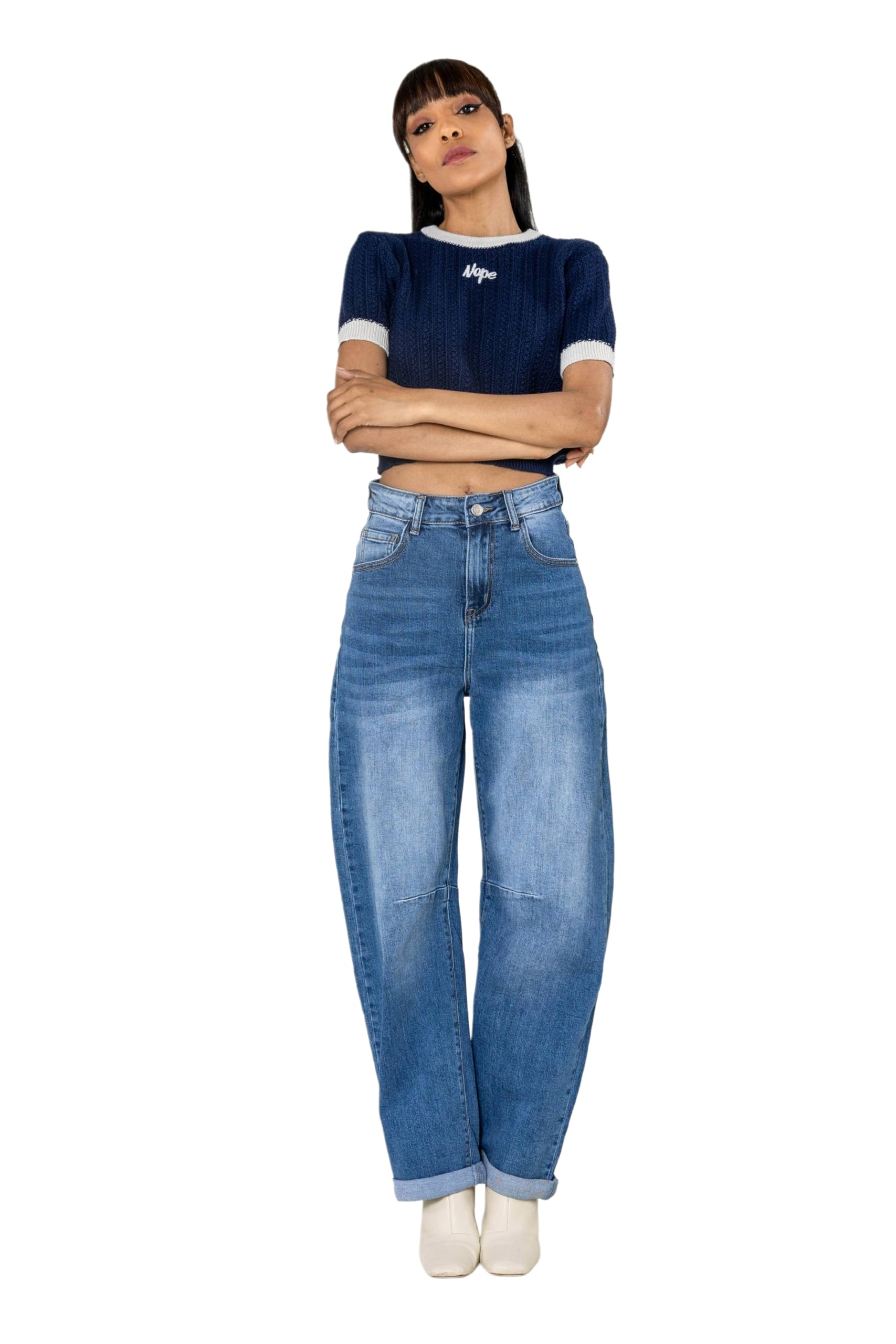 Nina Carter YY307 damskie dżinsy Barrel Fit – High Waist Mom Jeans spodnie ze stretchu denimu, szeroki krój
