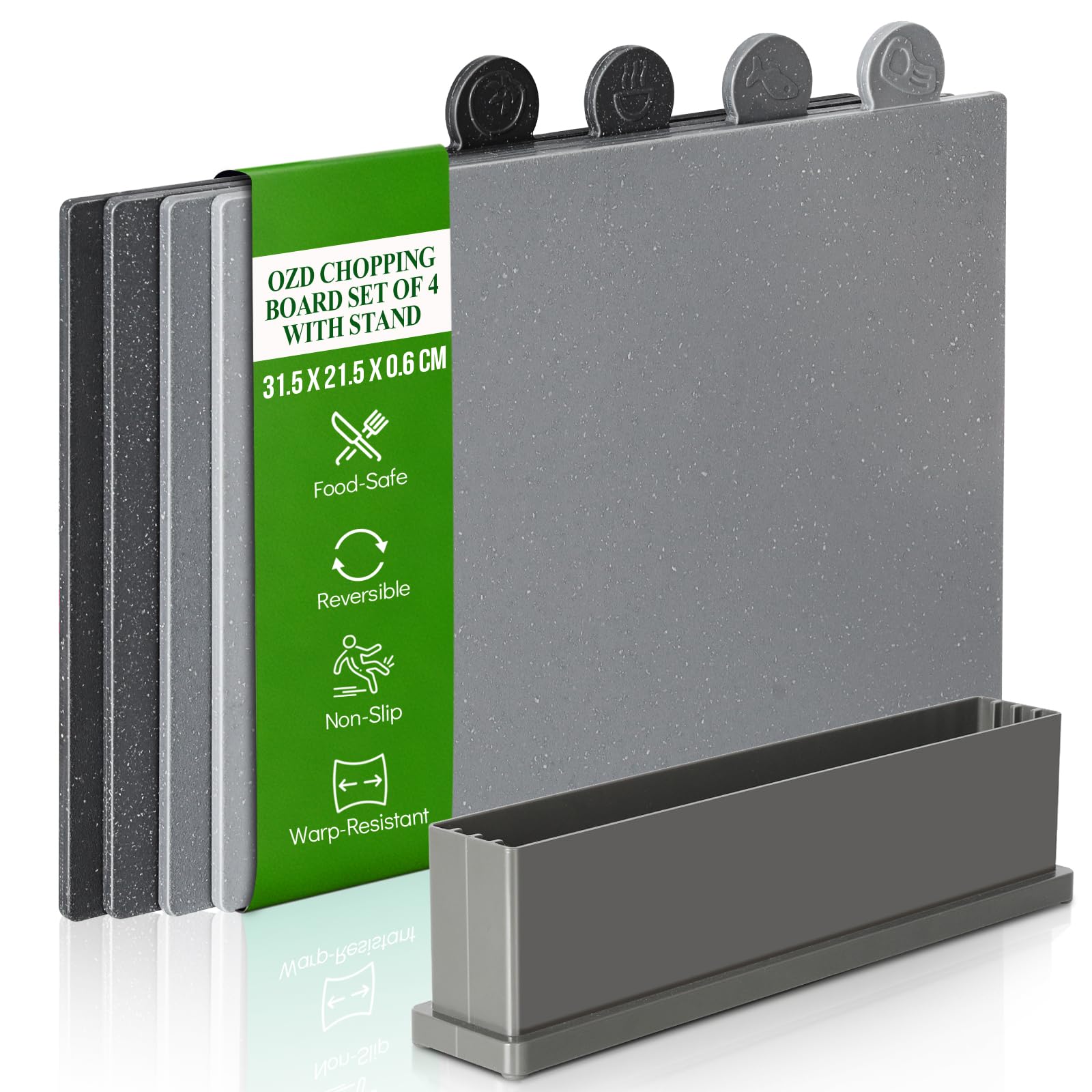 OZD Schneidebrett-Set, 4 Stück, Kunststoff-Schneidebretter mit Ständer und Lebensmittel-Symbolen, rutschfestes Schneidebrett für Küche, BPA-freie Schneidebretter für Gemüse, Obst, Fleisch, nicht porös