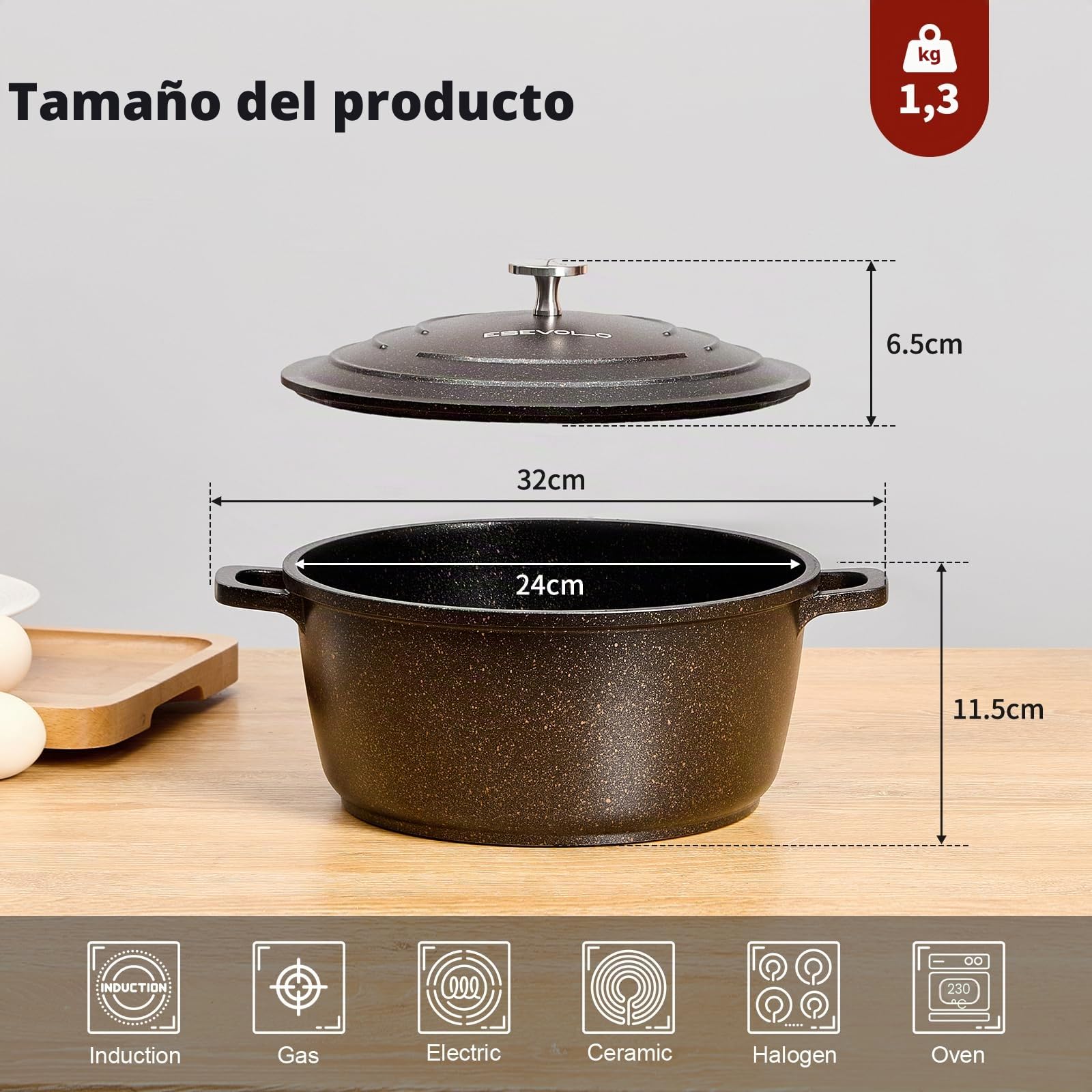 Olla de hierro fundido (24 cm), diseño redondo de aluminio fundido con revestimiento antiadherente, olla con tapa, ideal para sopa, estofados, pan, horno y gas, color negro