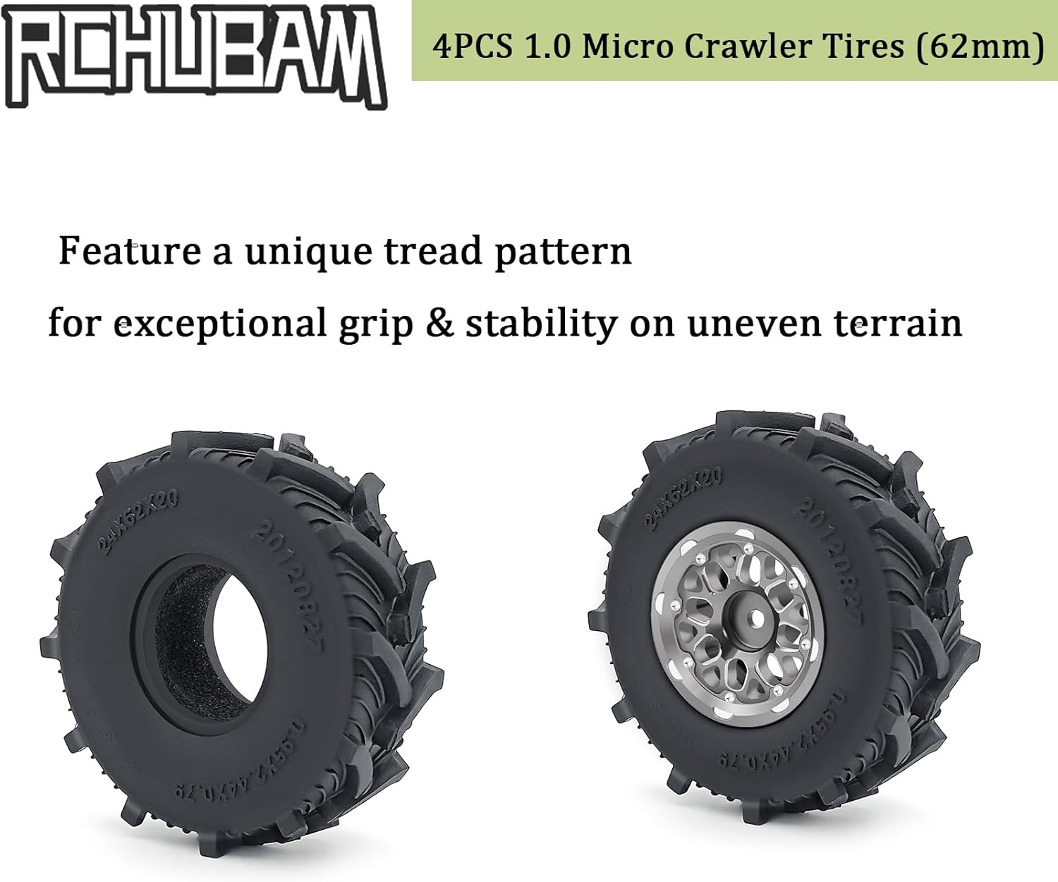 RCHUBAM 4PCS 1.0" Micro Crawler Tires Rubber Mud Tires for 1/18 TRX4M 1/24 Axial SCX24 90081 AXI00001 AXI00002 AXI00005 AXI00006 RC Crawler Car (62mm)