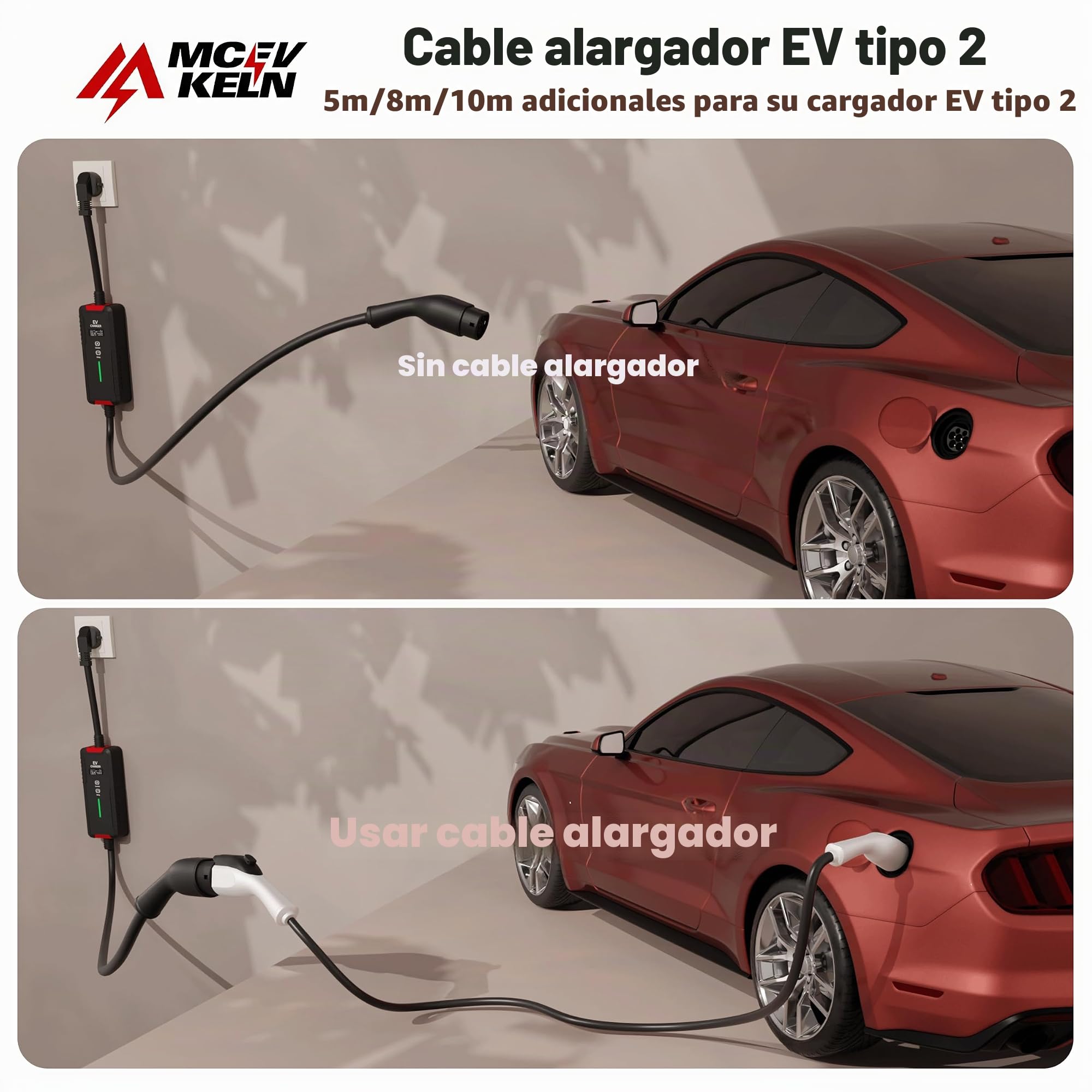 Extensión para Cable de Carga Tipo 2 de Vehículo Eléctrico – 7 kW, 32 A, Monofásico, 8 m, con Bloqueo de Conector, Compatible con Coches Híbridos y Eléctricos, Norma IEC 62196-2
