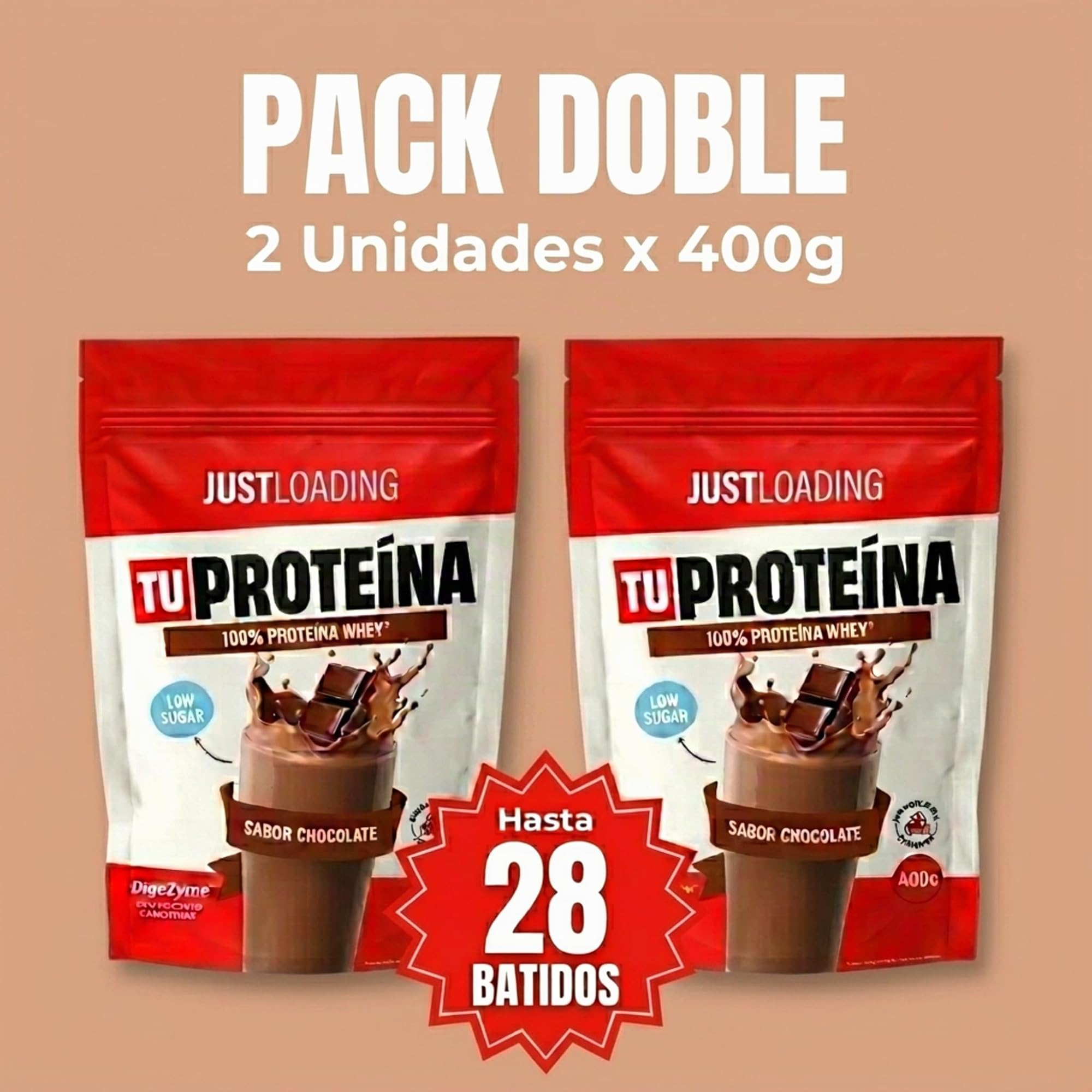 JustLoading Proteína Whey Chocolate 22,5g | DigeZyme | Rendimiento | 2x400g