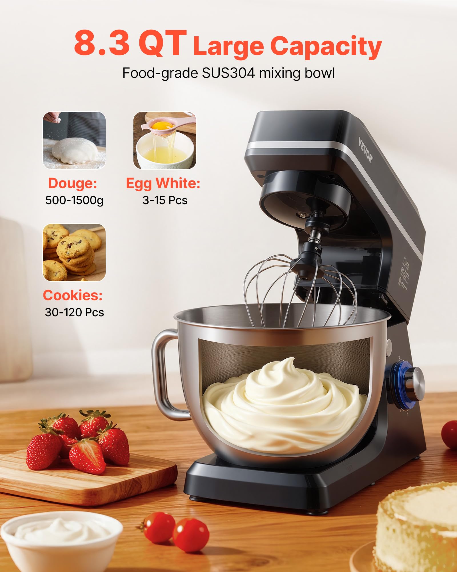 VEVOR Robot kuchenny, mikser do ciasta, 1400 W, 7,84 l, robot kuchenny z uchylną głowicą, miska ze stali nierdzewnej, hak do zagniatania, trzepaczka, skrobak, domowy robot kuchenny do pieczenia i