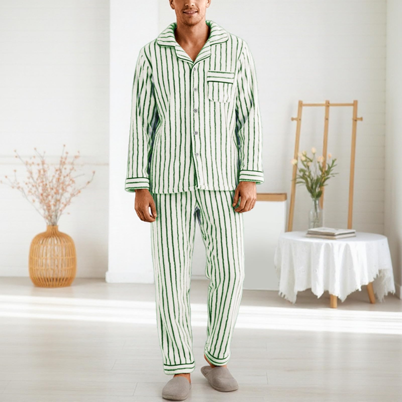 Generico Pigiama Uomo in Flanella Spazzolata a Righe, Camicia e Pantaloni, Termico e Confortevole