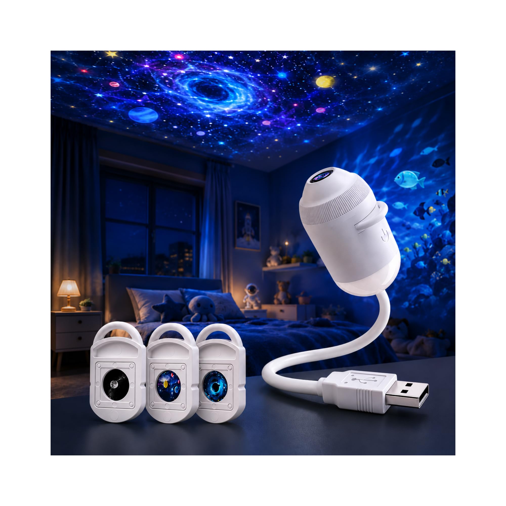 Galaxy Night Light Projector, 2-In-1 Ocean Projector Star Night Light Plug and Play Hd 5D Holographic Smart Dynamic Ceiling Lamp 360° USB (With 3 Films) for Bedroom Car Roof [Energy Class A+++]