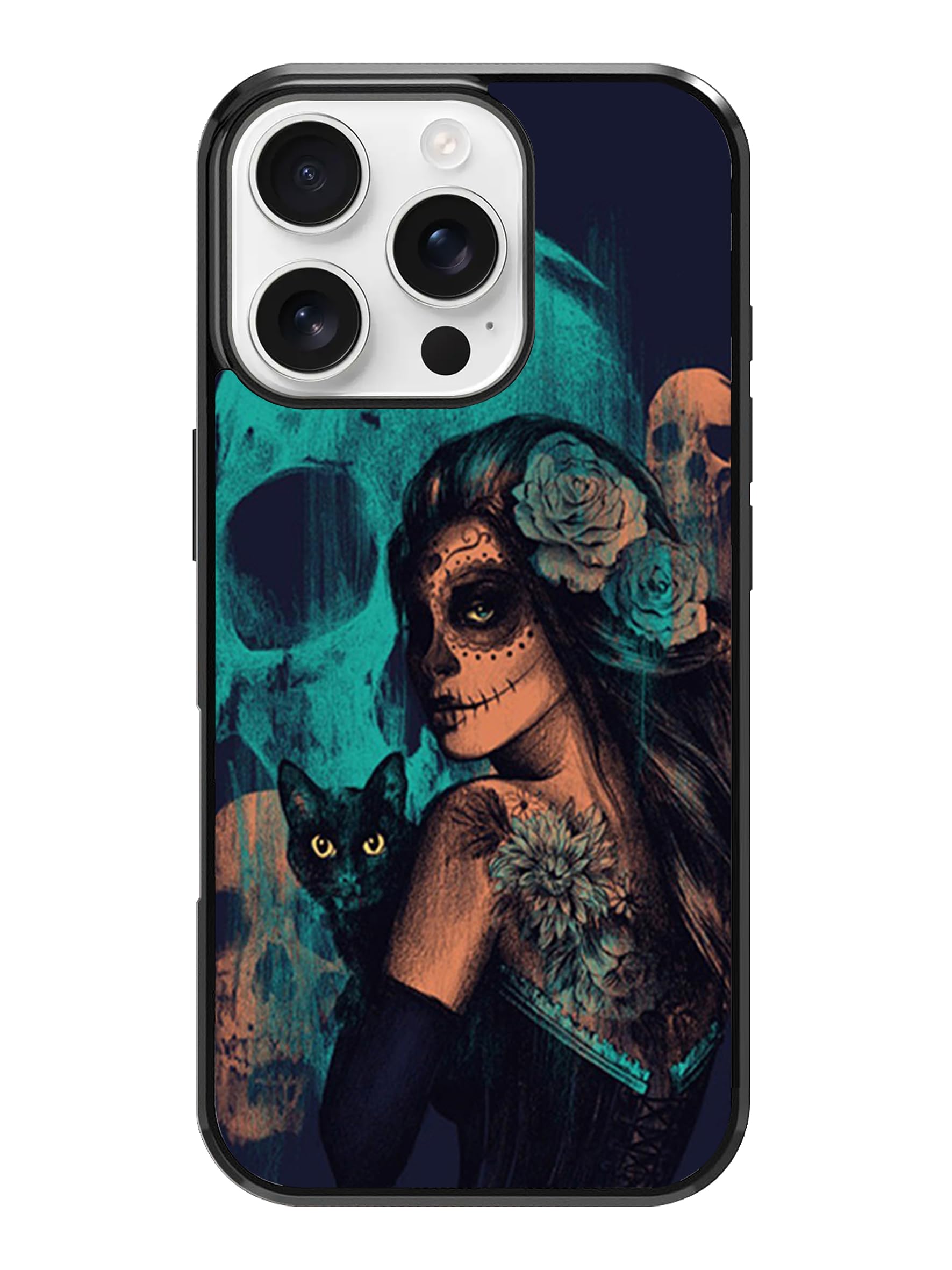 Funda para iPhone 16 Pro – Día de los Muertos, diseño de gato negro y calavera – TPU protección de absorción de golpes