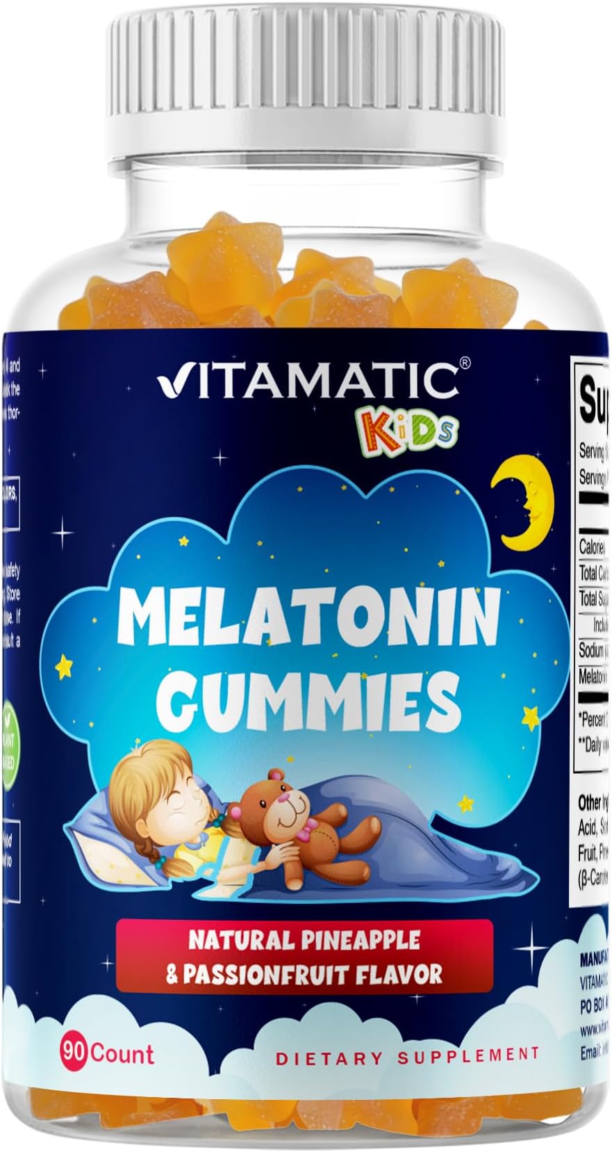 Vitamatic Sugar Free Kids Melatonin 1mg, 90 Gummies, Pineapple & passionfruit Flavored Gummies, 90 Days Supply