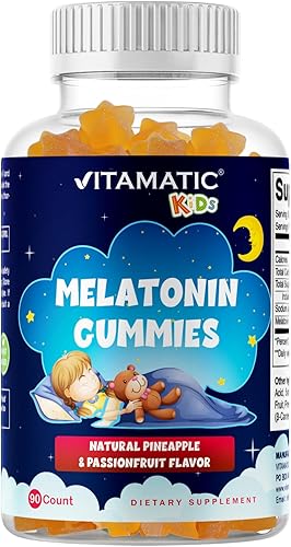 Vitamatic Melatonina sin azúcar para niños, 1 mg, 90 gomitas, gomitas con sabor a piña y maracuyá, suministro para 90 días