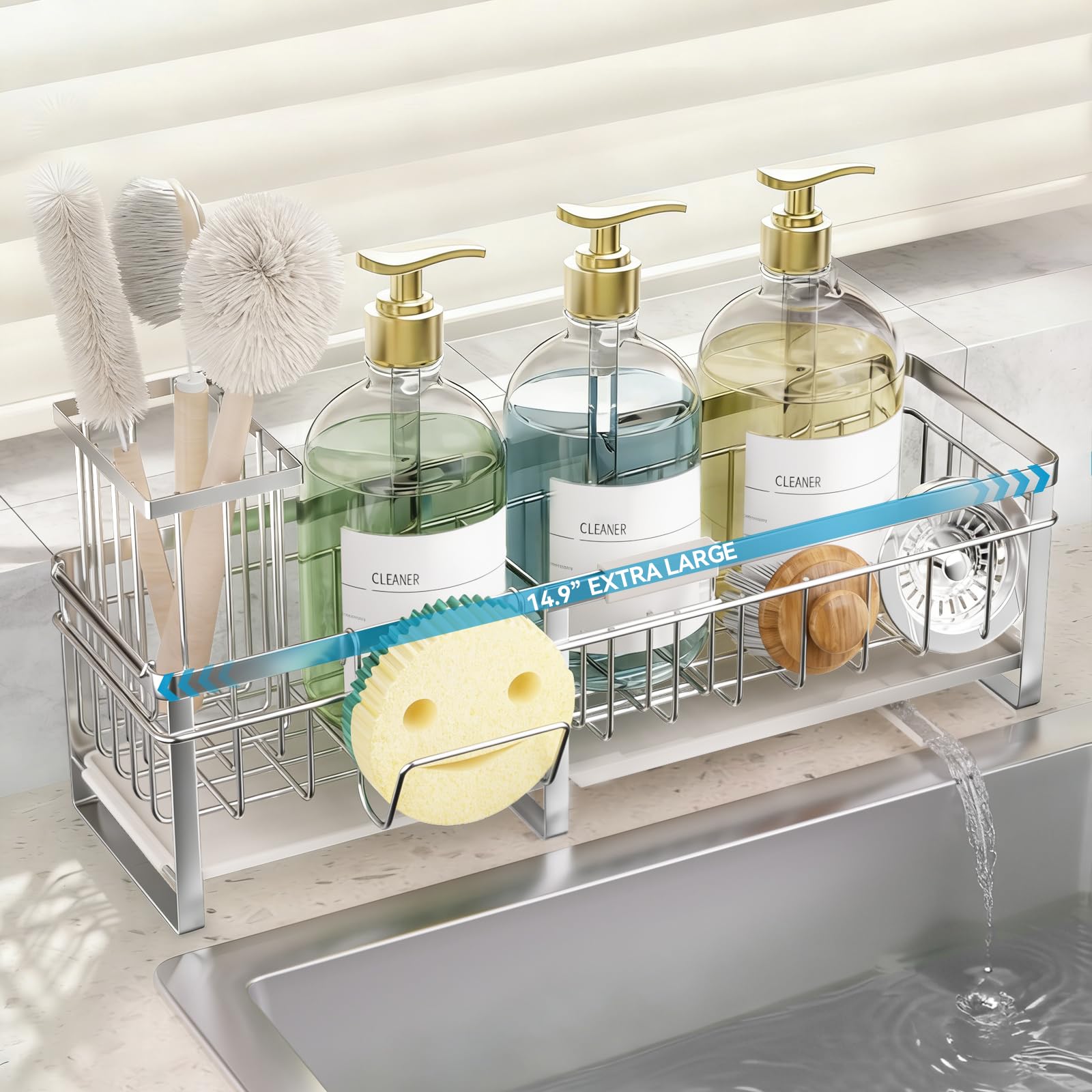 Aurblozen Extra großer ausziehbarer Schwammhalter für Küchenspüle, rostfreier Spülbecken-Caddy Organizer mit hohem Bürstenhalter, Spülseifenspender und Aufbewahrung (Edelstahl)