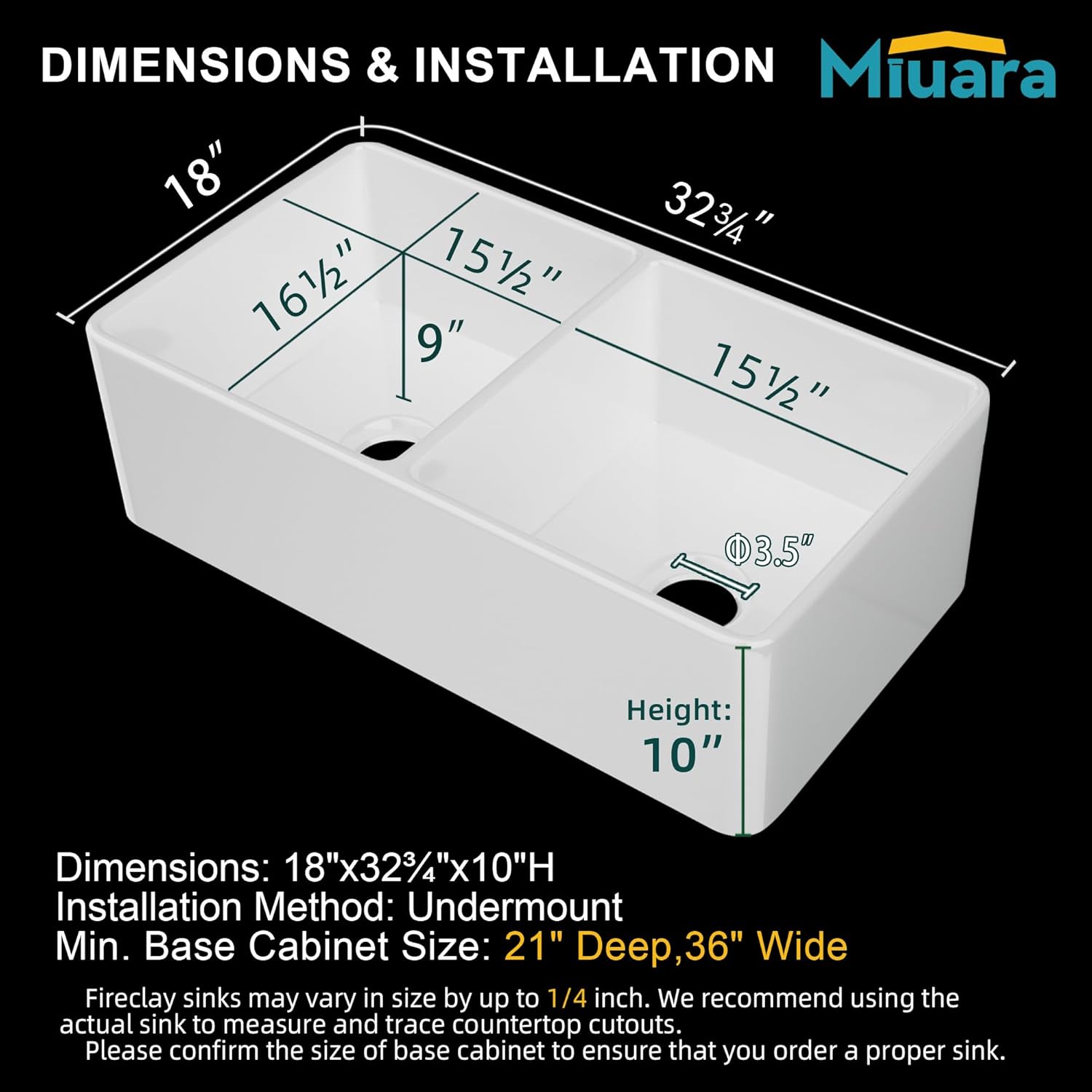 Miuara Farmhouse Sink Double Bowl 33 Inch - White Apron Front Kitchen Sink Reversible 33"x18"x10", Undermount Installation, Farm House﻿ Style Dual Basin 50/50, Heavy Duty Solid Fireclay, for Kitchen