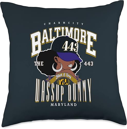Around the Way Girls Baltimore Area Code 443 443 Area Code Baltimore Maryland Flag Blaq Girl Bmore Pride Throw Pillow, 18x18, Multicolor