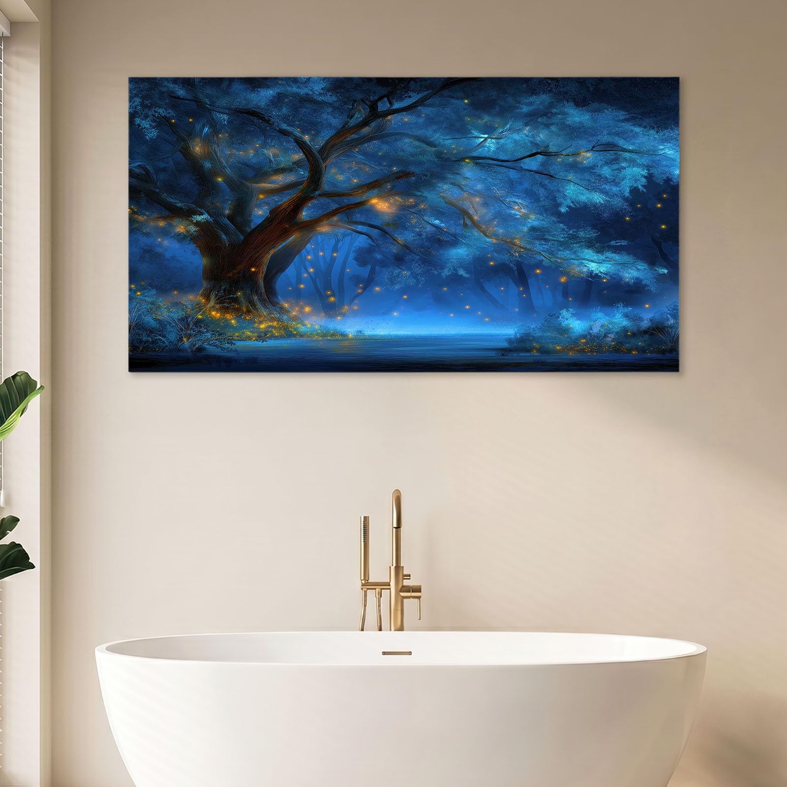 Obraz ścienny Fantasy las obraz na płótnie - płótno ścienne 120 x 60 cm, druk na płótnie ze świetlikami, roślinami, drzewami, oprawiona sztuka ścienna do salonu i sypialni, dekoracja ścienna