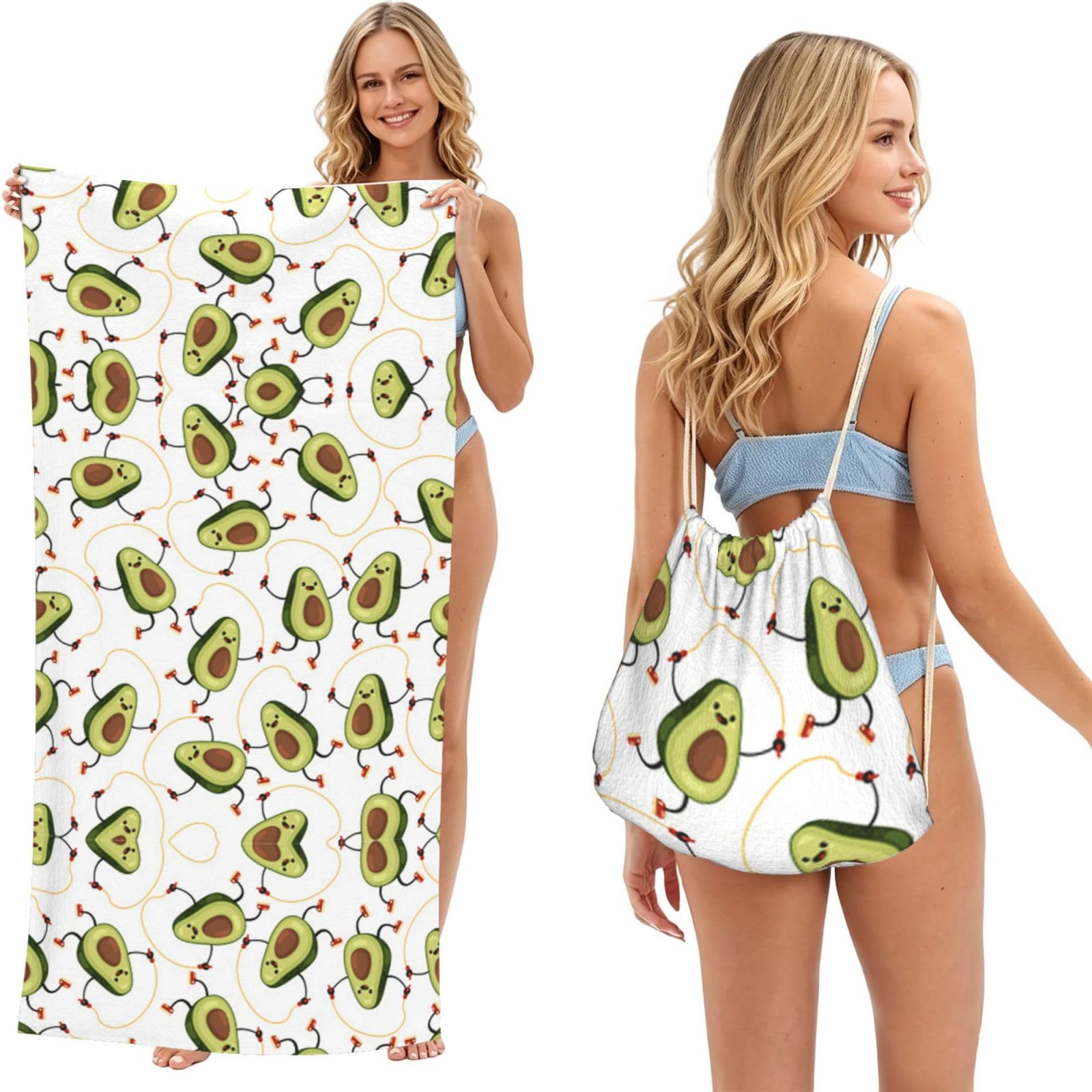 ESNAIUVCD Funny Cartoon Avocados Print Beach Towel For Adults,Towel With Drawstring Bag, Travel Pool Swimming Sports Shower Sand Free Quick Dry Bath Towel For Pool, Beach, Yoga- 180x60cm