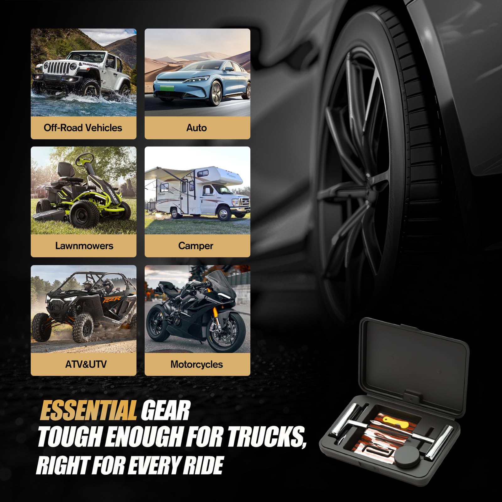 Kit de tapones para neumáticos, kit de reparación de neumáticos de alta resistencia con 2 herramientas de inserción de mango en T de metal resistente para coche, camión, motocicleta, ATV