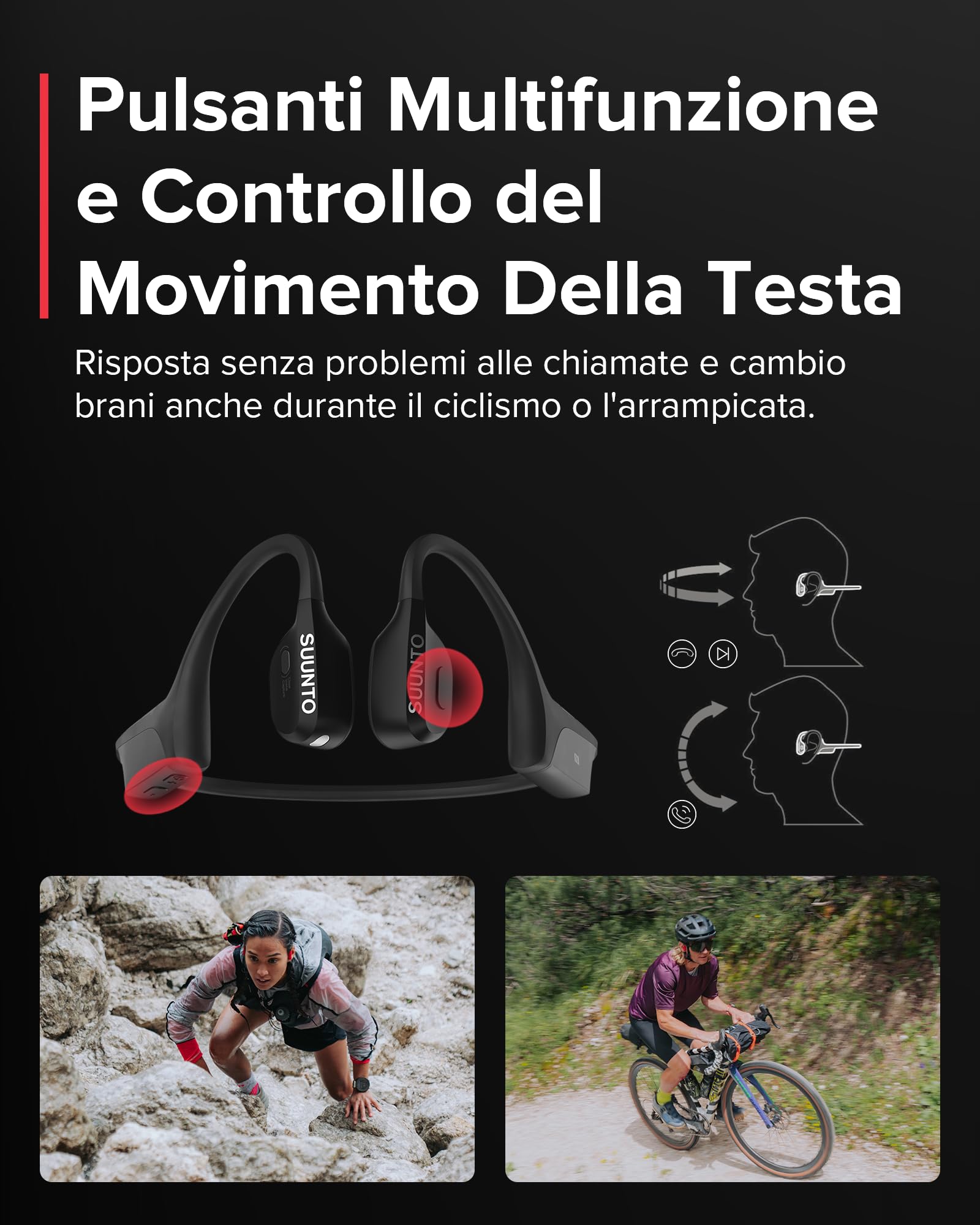 SUUNTO Wing Cuffie Conduzione Ossea Senza Fili, Auricolari Sport Bluetooth 5.2 Wireless Open Ear Impermeabili IP67, Controllo del Movimento della Testa, Luce LED, Autonomia di 10 Ore, per Corsa