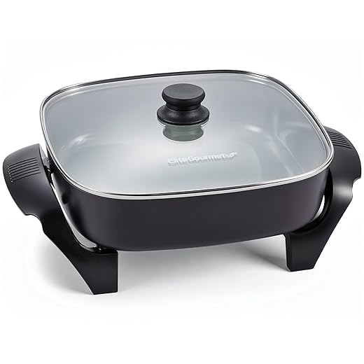 Elite Gourmet 12" x 12" x 3” Ceralast™ Ceramic Non-stick PFAS Free, Dishwasher Safe Electric Skillet, Xtra Deep Dish, Rapid Heat 1200W, Black