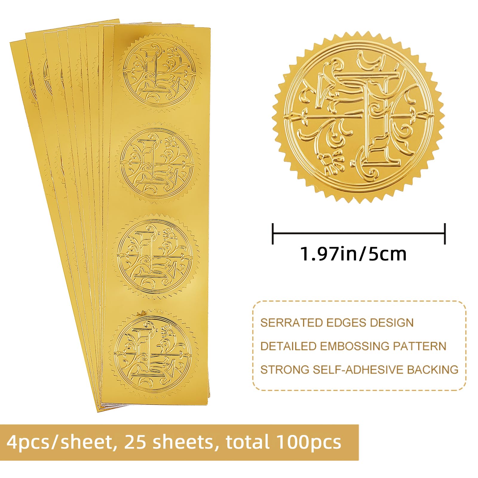 CRASPIRE 2 Inch Envelope Seals Stickers Letter L 100pcs Embossed Foil Seals Adhesive Gold Foil Seals Stickers Label For Wedding Invitations Envelopes Gift Packaging