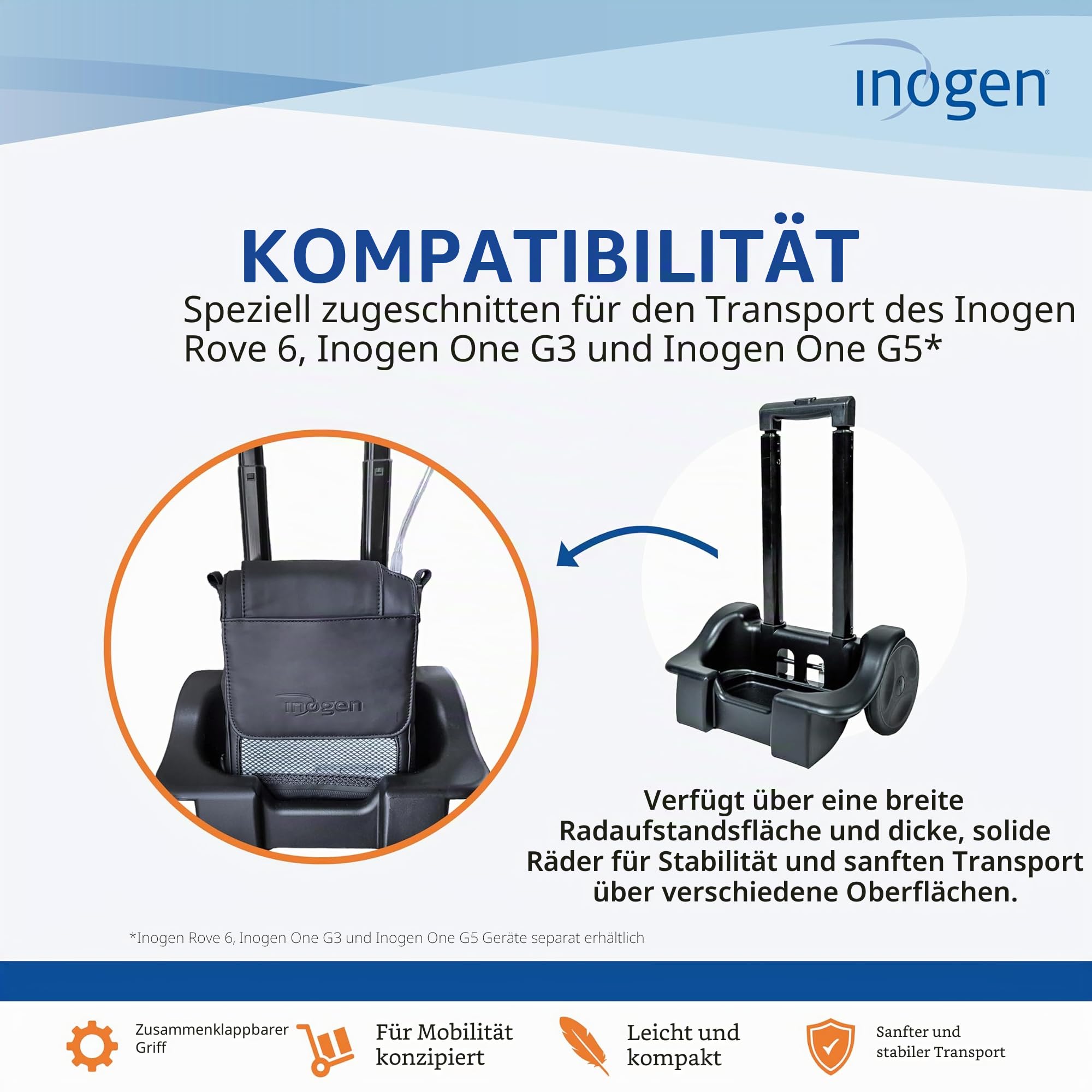 Inogen EIN Wagen – für G3, G5 und Rove 6 – zusammenklappbarer Tragewagen – Sauerstoffzubehör – wiegt 1,5 kg – 104,1 x 44,9 cm