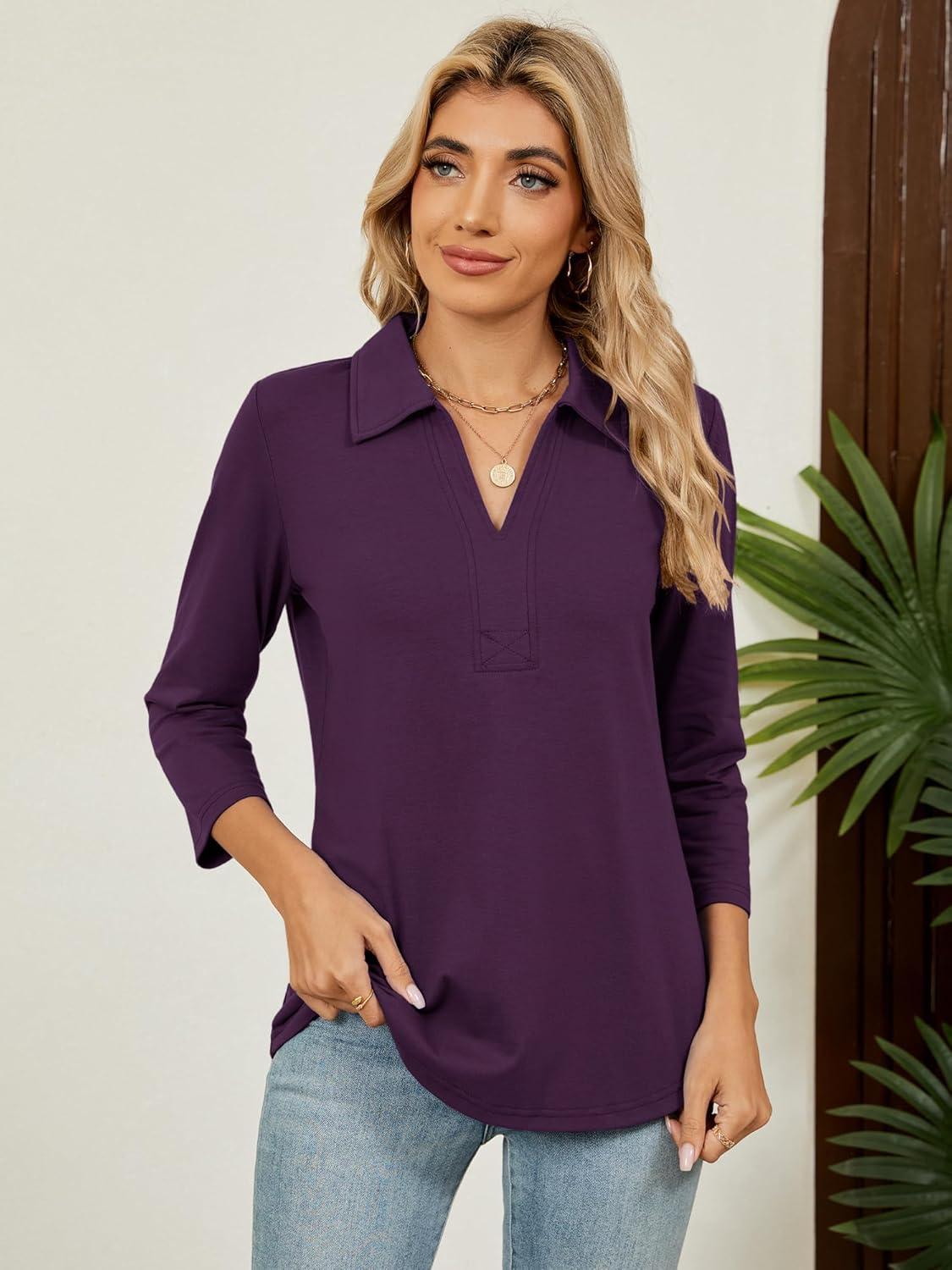 Women's 3/4 Length Sleeve V-Neck Collared Tops Summer Business Casual Work Polo Shirts Fashion Outfits 2026 - Image 6