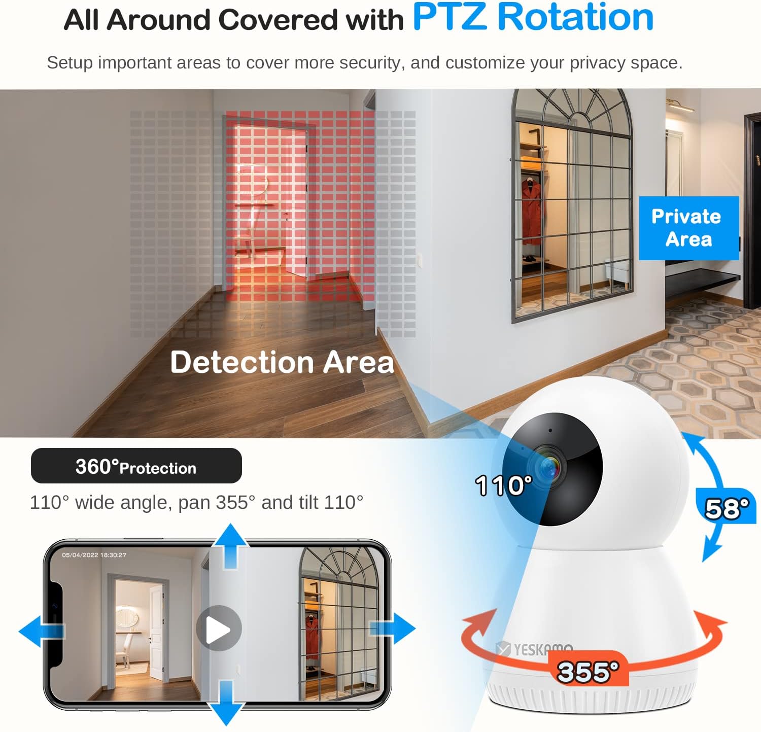 Illustration of the Yeskamo camera's 360-degree horizontal and 110-degree vertical pan and tilt capabilities, showing detection and private areas.
