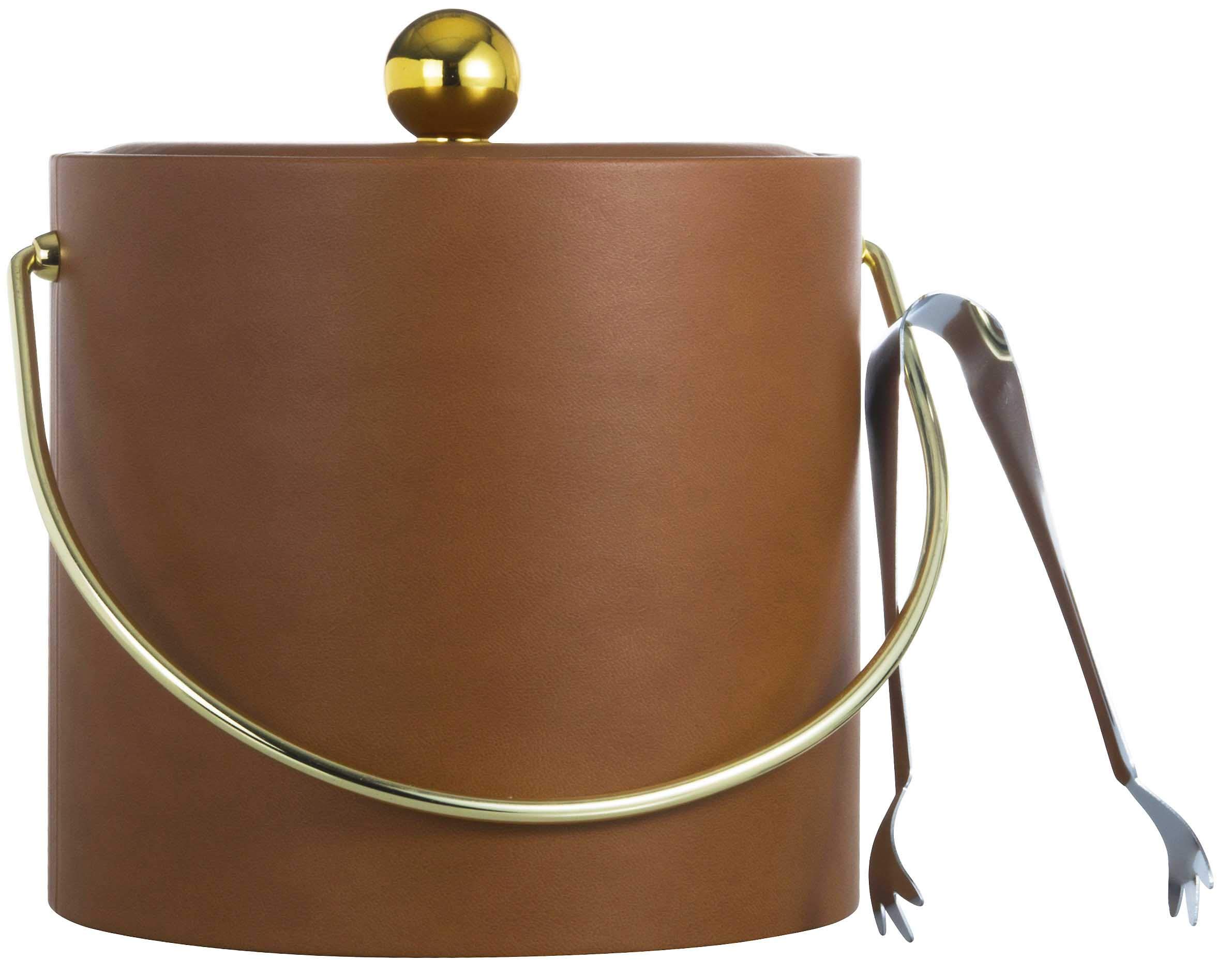 Hand Made In USA Tan Double Walled 3-Quart Insulated Ice Bucket With Ice Tongs (Leatherette Collection)