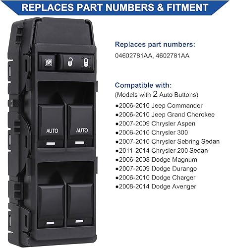 Miniatura 2 de Interruptor eléctrico de ventana compatible con Jeep Commander/Grand Cherokee 2006-2010, Chrysler Aspen/Chrysler 200/300/Sebring, Dodge