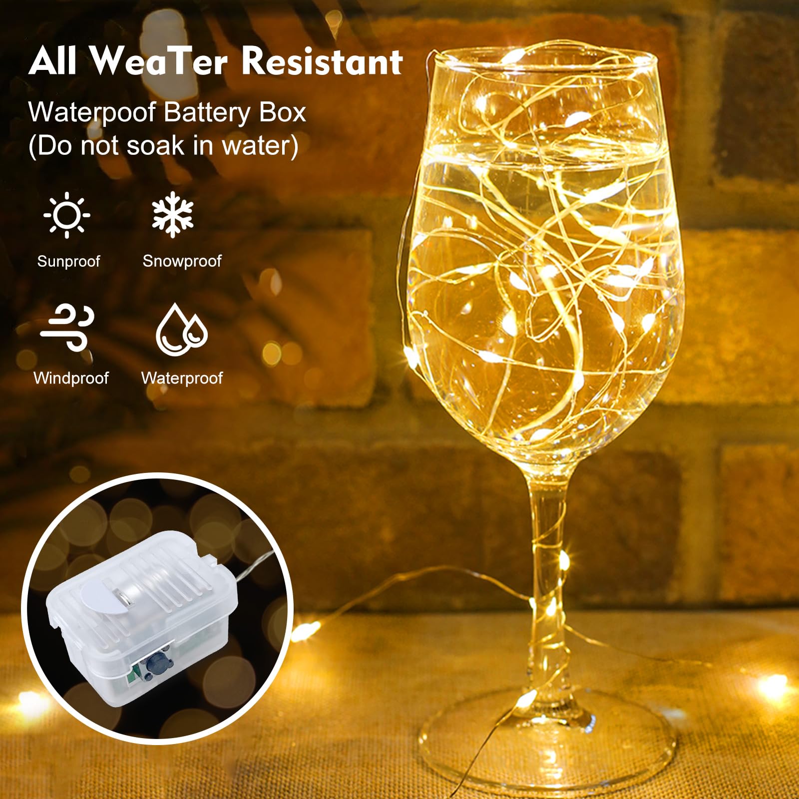 pozzolanas 50 Stück warmweiße Lichterkette, batteriebetrieben, 3 Modi, 20 LEDs, wasserdichte Lichterkette, funkelnder Silberdraht für Einmachgläser, Hochzeit, Weihnachten, Halloween, Party-Dekoration