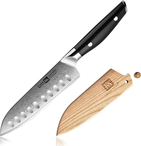 Klaus Meyer Luxor - Cuchillo Santoku de acero Damasco de 5.5 pulgadas con funda de madera