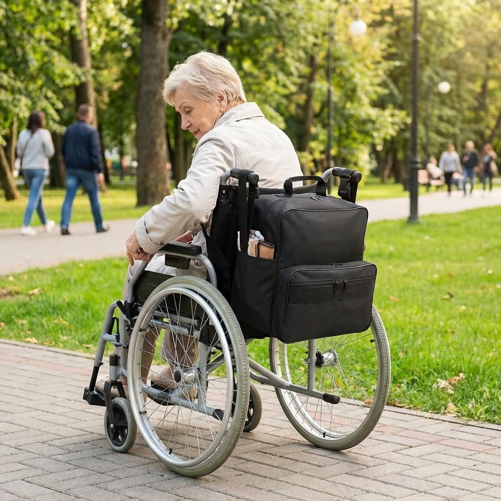 QWORK® Torba na wózek inwalidzki, 35x33x19cm Torby na wózki inwalidzkie z tyłu, Zawieszana torba do przechowywania na wózki, Akcesoria do wózków inwalidzkich