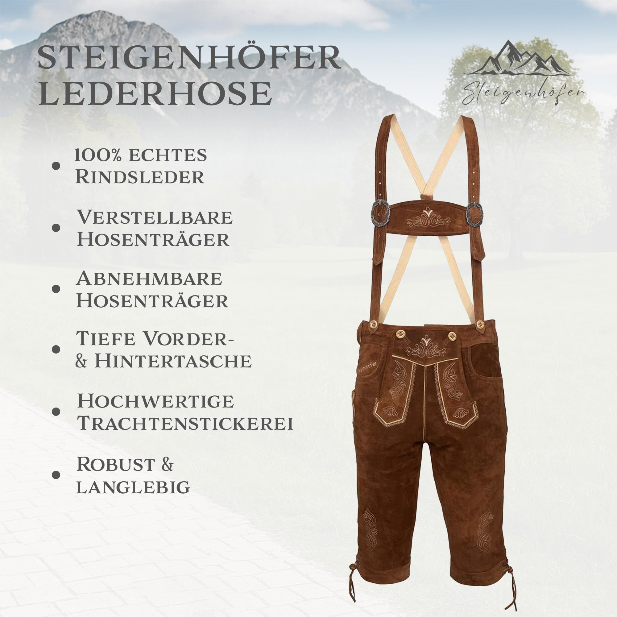 STEIGENHÖFER Lederhose Herren Tracht Kniebund - Reinhold - Trachtenhose mit Trägern - 100% Rindsleder - Traditionelle Echtlederhose - Ideal für Dein Oktoberfest Herren Outfit
