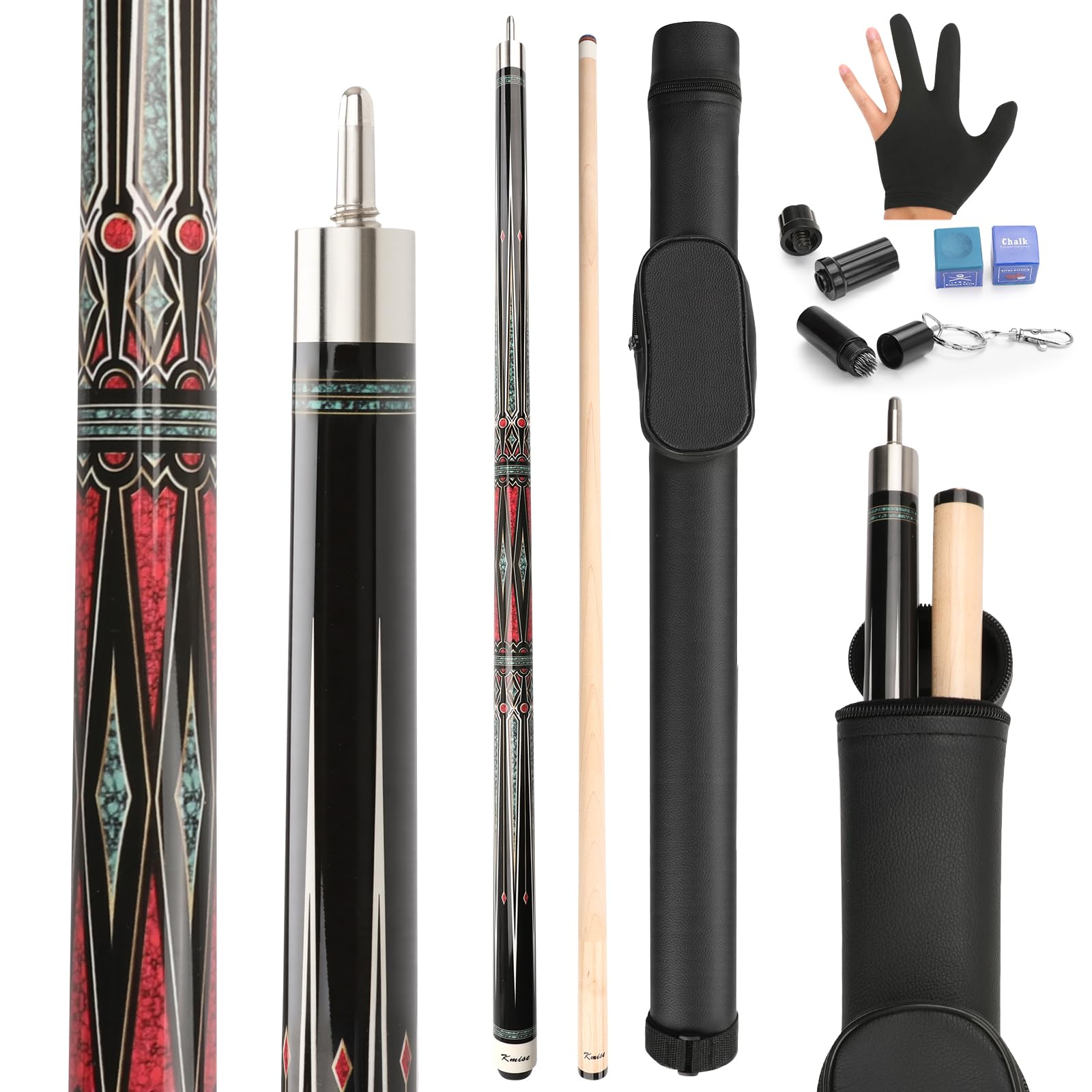 Kmise Pool Cues, Professional Billiard Cue Stick with Hard Case 58" Maple Pool Cue Stick Kit, Pool Sticks for Adults - Perfect for Home Game Rooms, Bars & Billiard Halls (20oz Green)