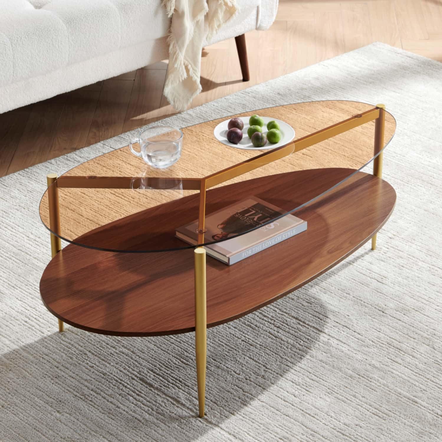 LumFurn Oval Glass Coffee Table, Mid-Century Modern Design, L43 x W21 x H17 inch, for Living Room, 2-Tier Structure, Amber Glass Top, Walnut Finish Wood Shelf & Gold Finish Frame