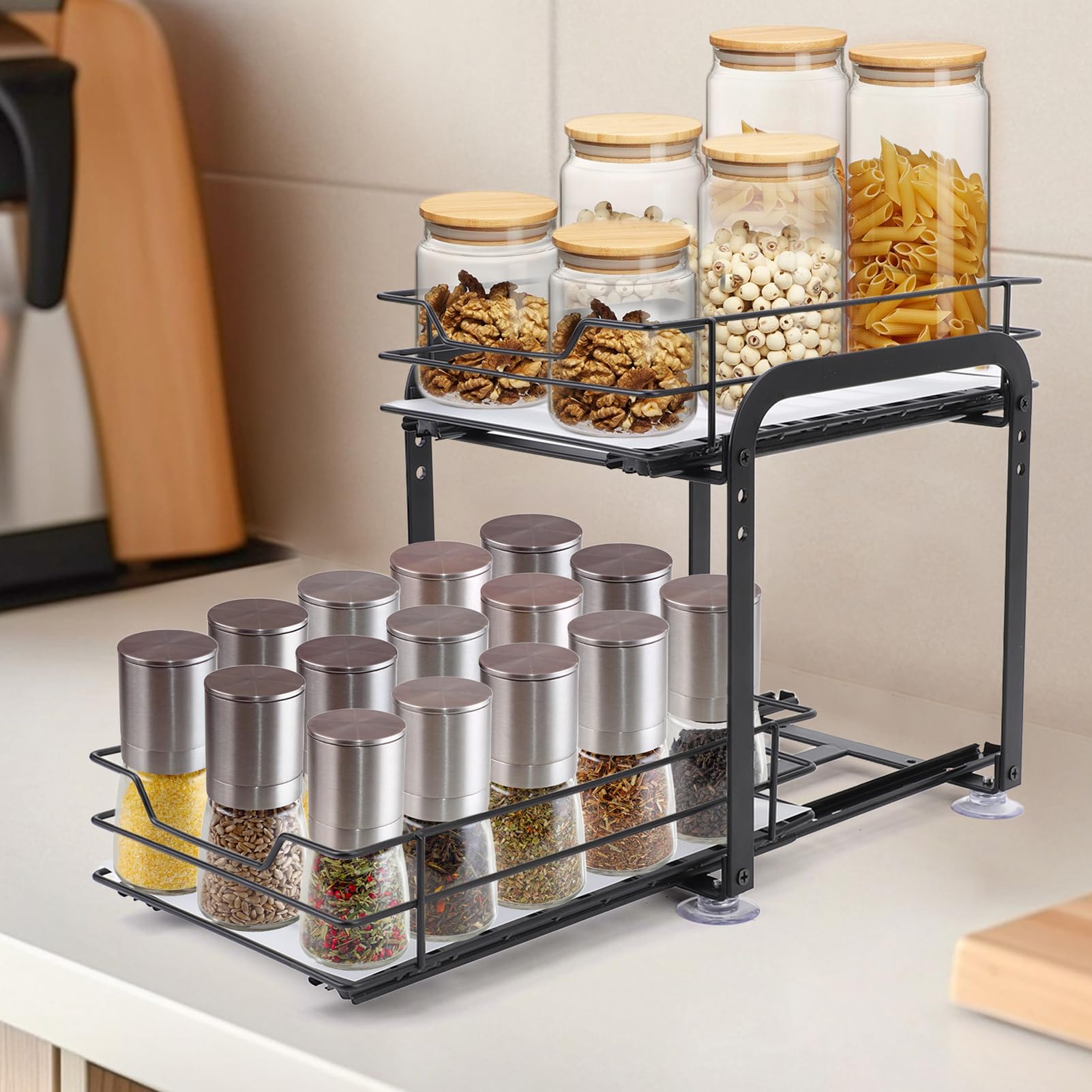 Wakects Étagère à épices extensible à 2 niveaux, en fer, haut et en bas, peut être retirée indépendamment, hauteur réglable pour la plupart des armoires de cuisine (L)