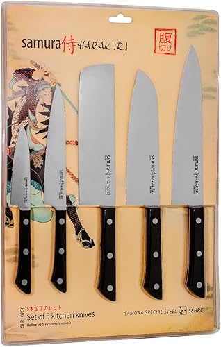 Miniatura 8 de SAMURA HARAKIRI Juego de 5 cuchillos de cocina  Cuchillo de chef con mango negro, Santoku, Nakiri, Utility, cuchillo de pelar