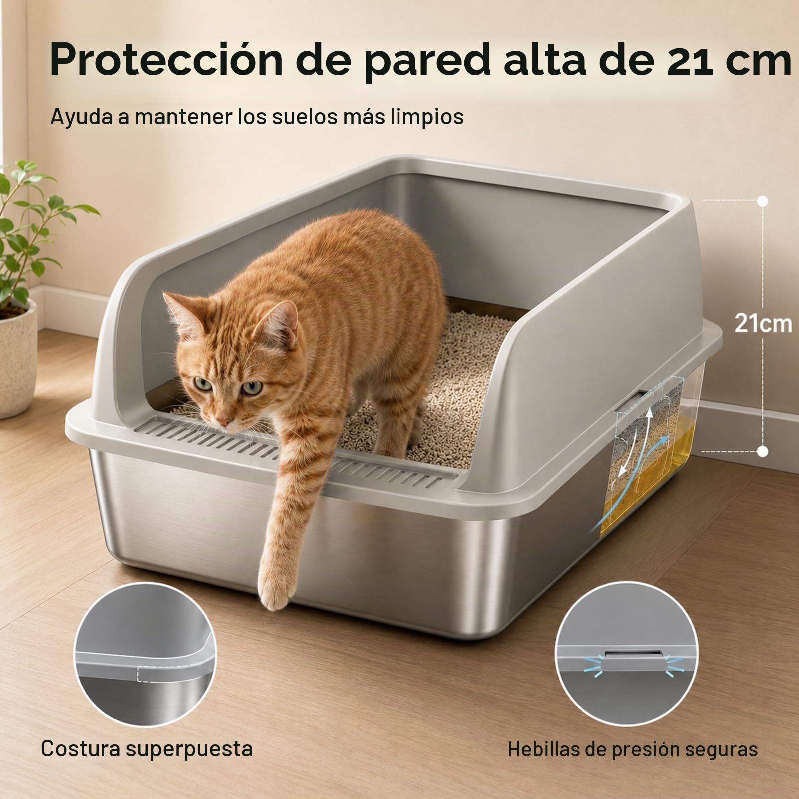 Juego de 2 Cajas de Arena para Gatos de Acero Inoxidable, con Borde Alto, 60 x 40 x 20 cm, Pala para areneros (Large)