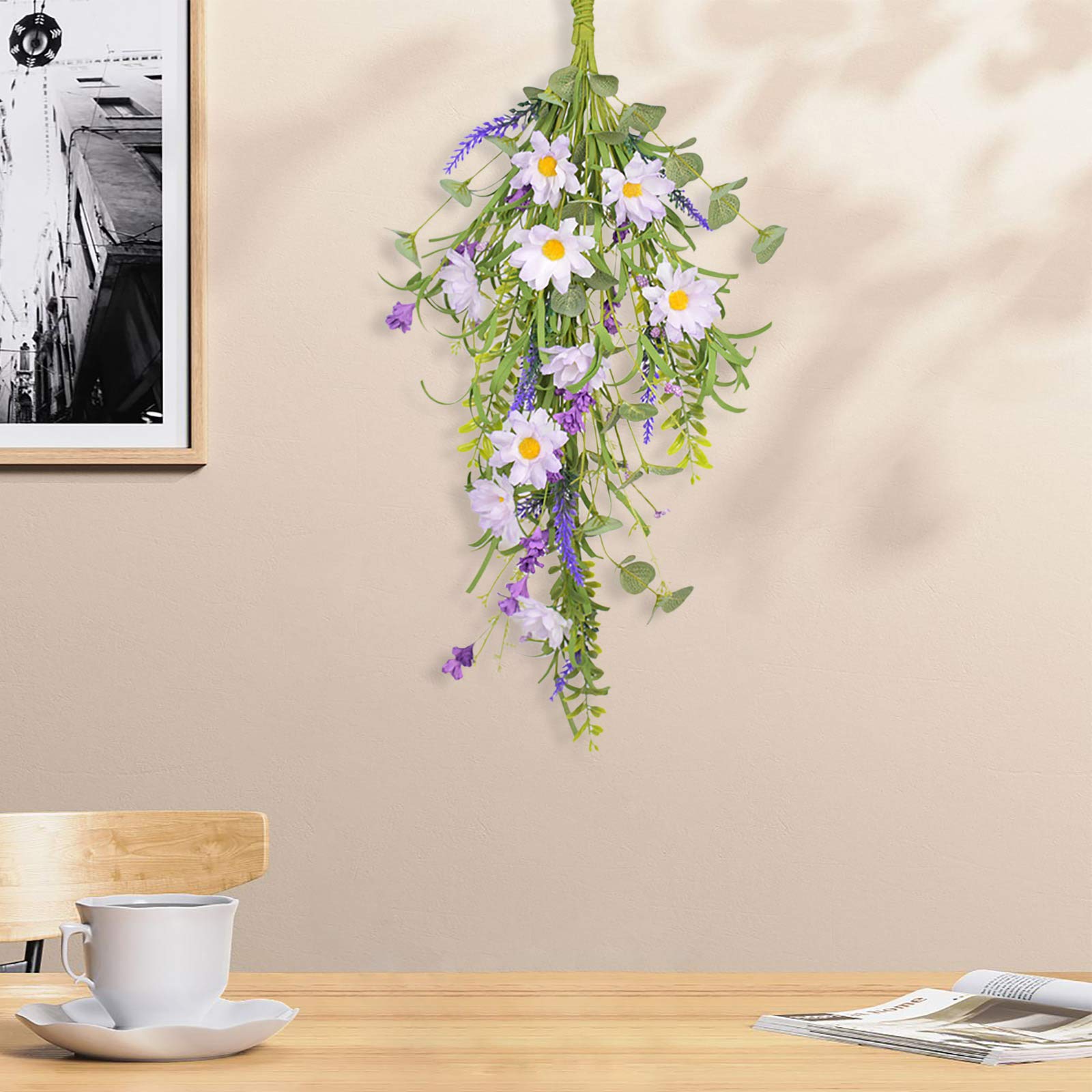 DEDEMCO 24 Inch Lavender Daisy Flower Swag for Front Door,Spring Summer Floral Teardrop Swag Artificial Flower Wreath for Wedding Party Home Decor
