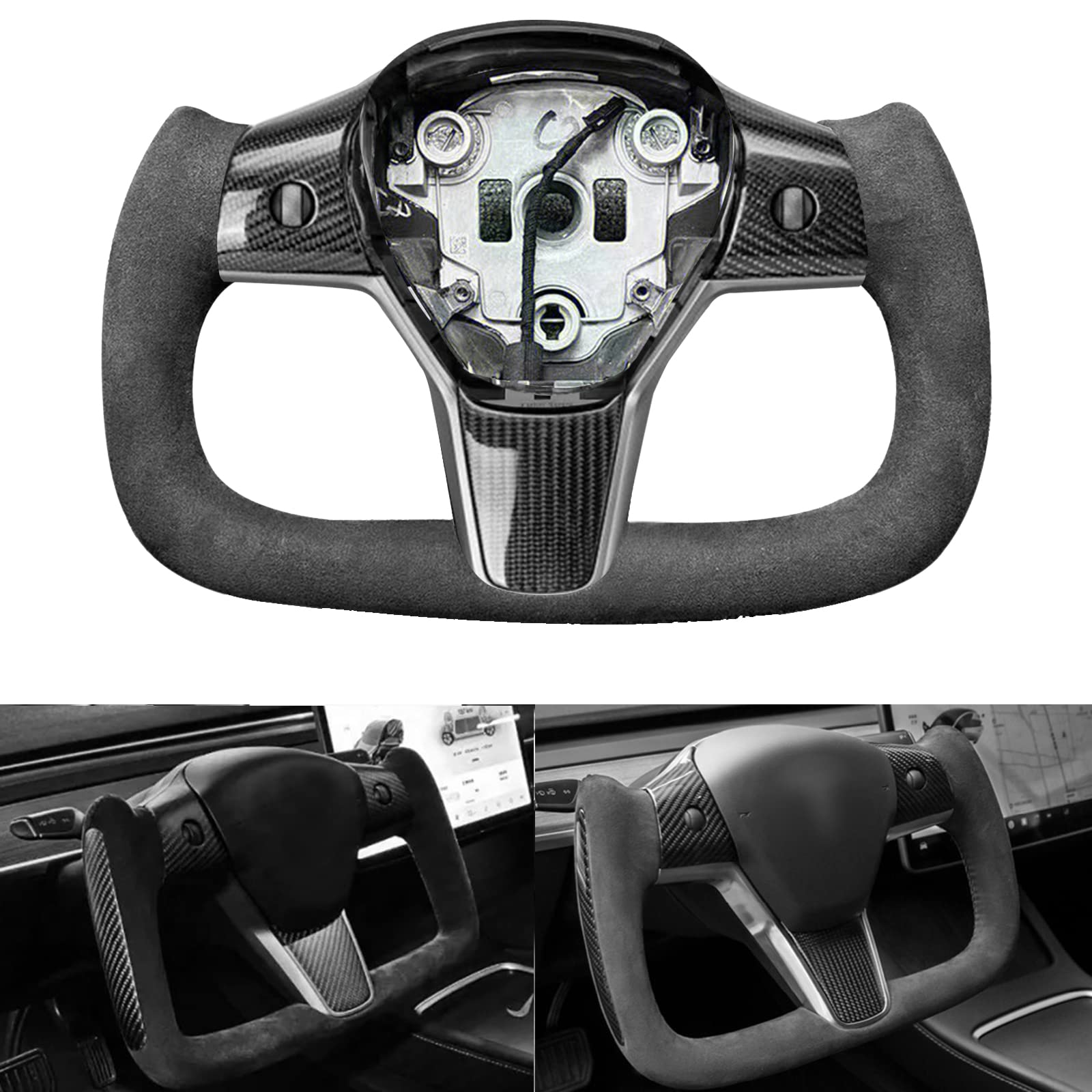 TESFEELTesla Yoke Steering Wheel for Model 3/Y-2017-2023 Personalized Yoke Steering Wheel Alcantara Leather Real Carbon Fiber Leather with Heating Function