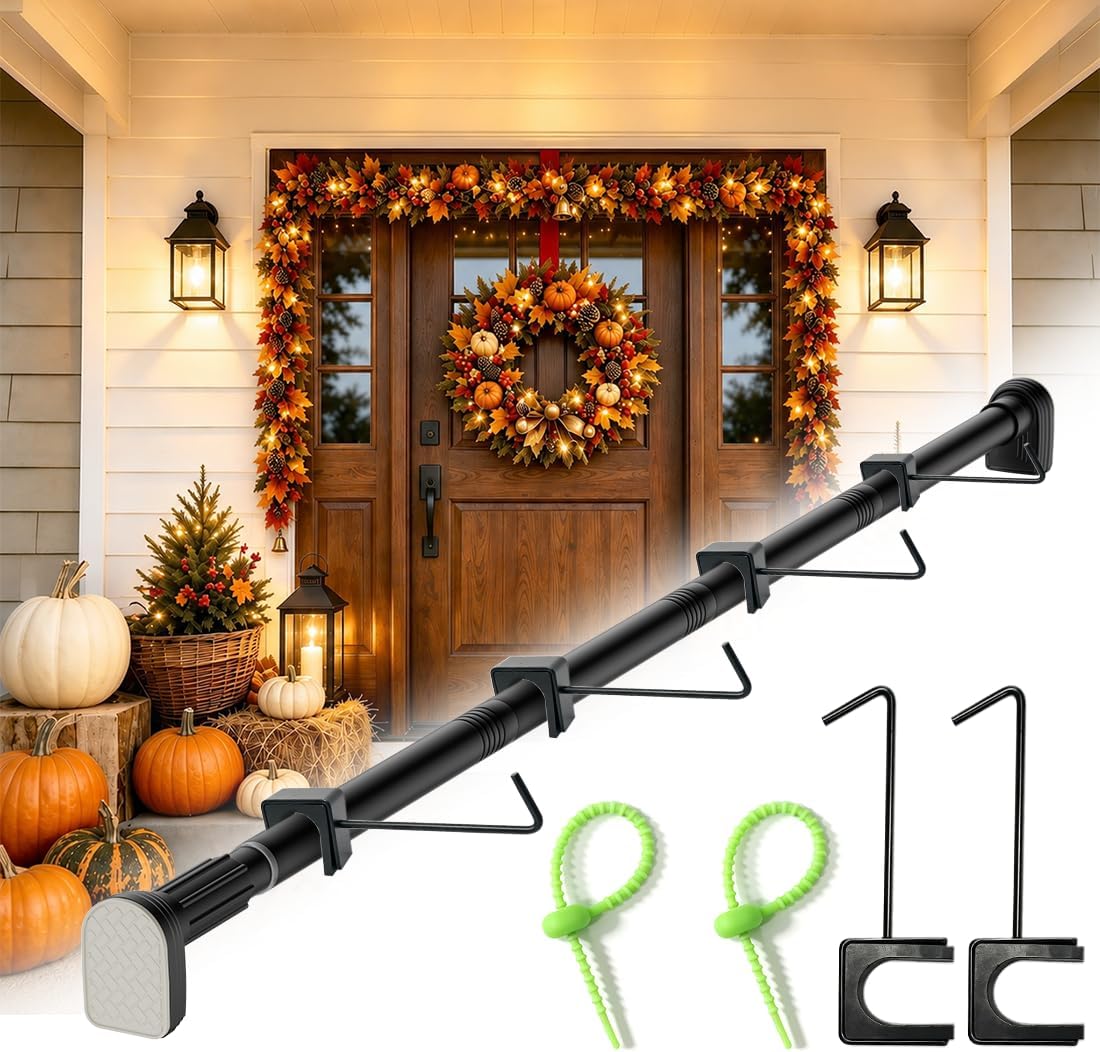Front Door Garland Hanger - Over the Door Adjustable Rod, No Hardware &Damage, Door Frame Heavy Duty Telescopic Holder with Brackets & Ties, 31.5~67in for Christmas Holiday Seasonal Decor