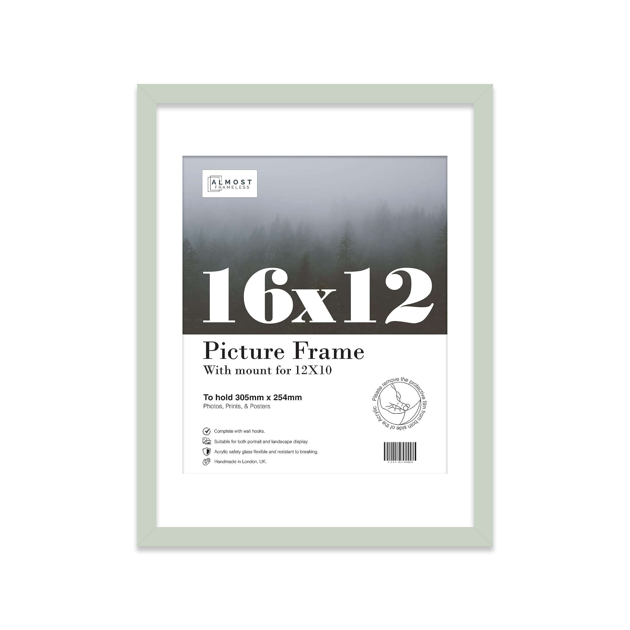 Almost Frameless 16x12 Mint Picture Frame With Mount for 12x10 Print, Poster or Photo Poster, Photo, Artwork, or Print. Thin Edge Slim Frame Portrait and Landscape Display with Wall Hooks