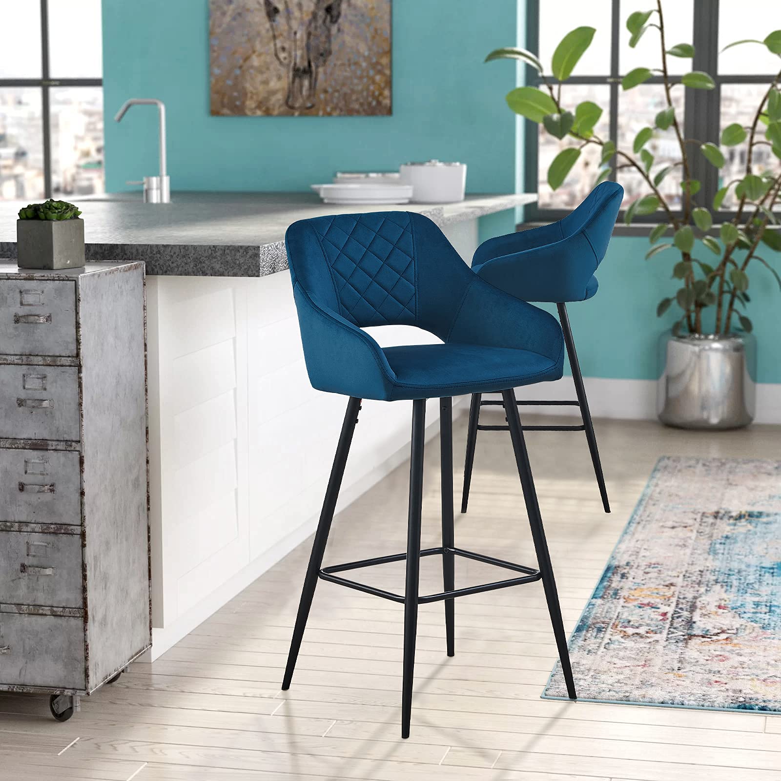 Buy CLIPOP Bar Stools Set of 2 Blue Velvet Upholstered Seat with