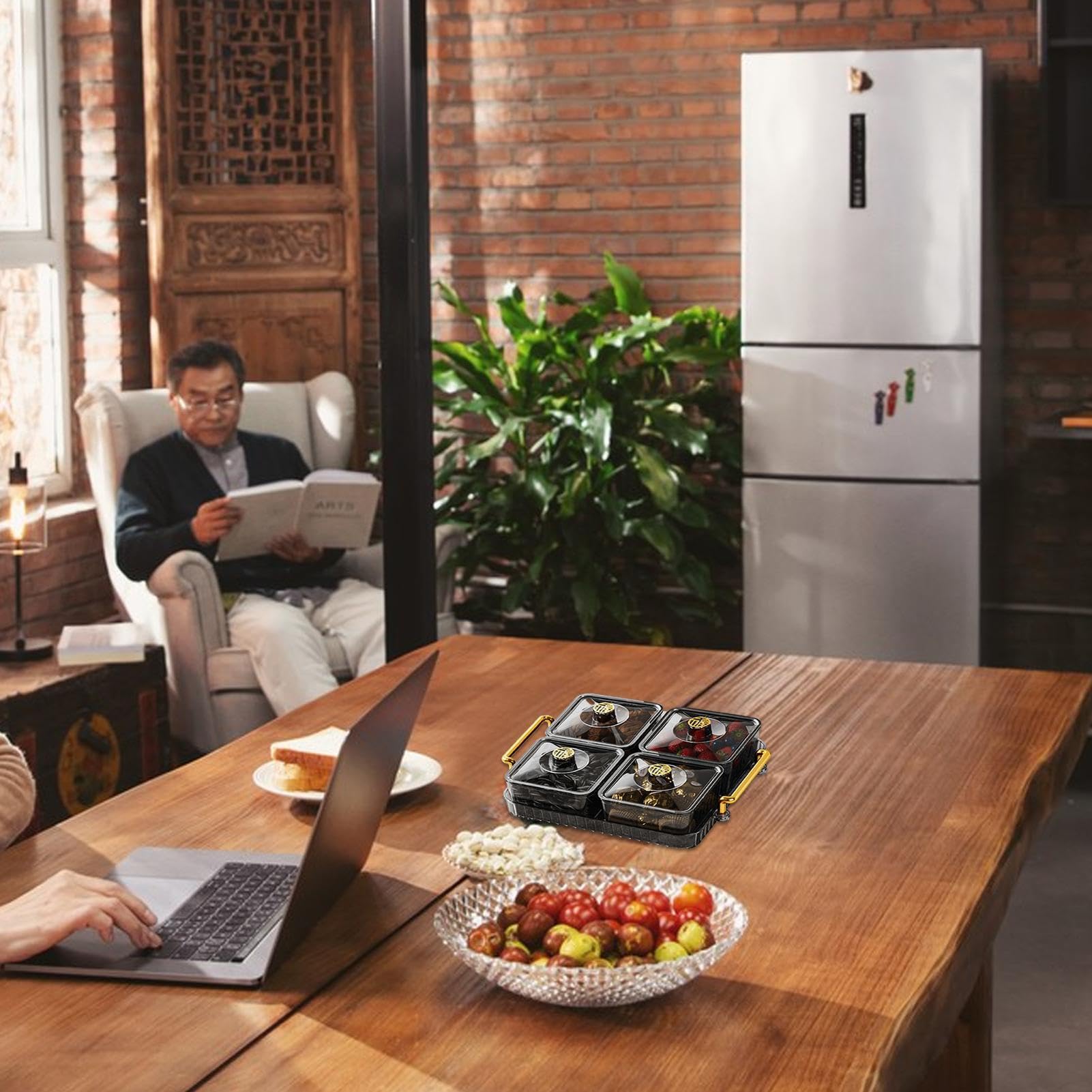 Generic Divided Snack Tray | Portable Clear Elegant Removable Fashion Sectioned Serving Tray With Lid & Handle For Snacks Appetizers Nuts Candy