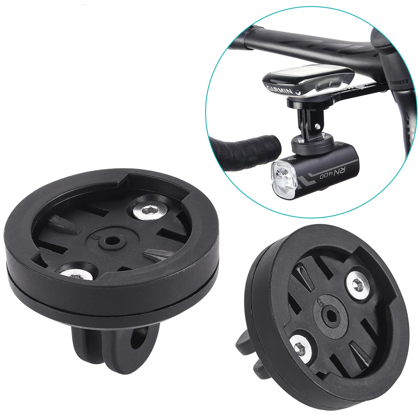 Soporte de Bicicleta para Garmin & Gopro, 2 Juegos Universal Combo Adaptador, Compatible con Computadora de Bicicleta Garmin Edge, Espaciado 20-22mm, Base Fija para Luz y Cámara, Color Negro