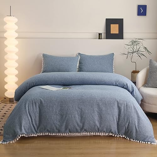 Miniatura 10 de Simple&Opulence Juego de funda de edredón de lino bohemio con flecos de borlas, juego de edredón de mezcla de algodón de lino de macramé de 3