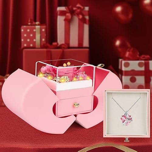 Miniatura 3 de Regalos de cumpleaños de rosas rosas reales preservadas para mujeres, su madre, esposa, novia, abuela con collar I Love You, flores de rosas eternas