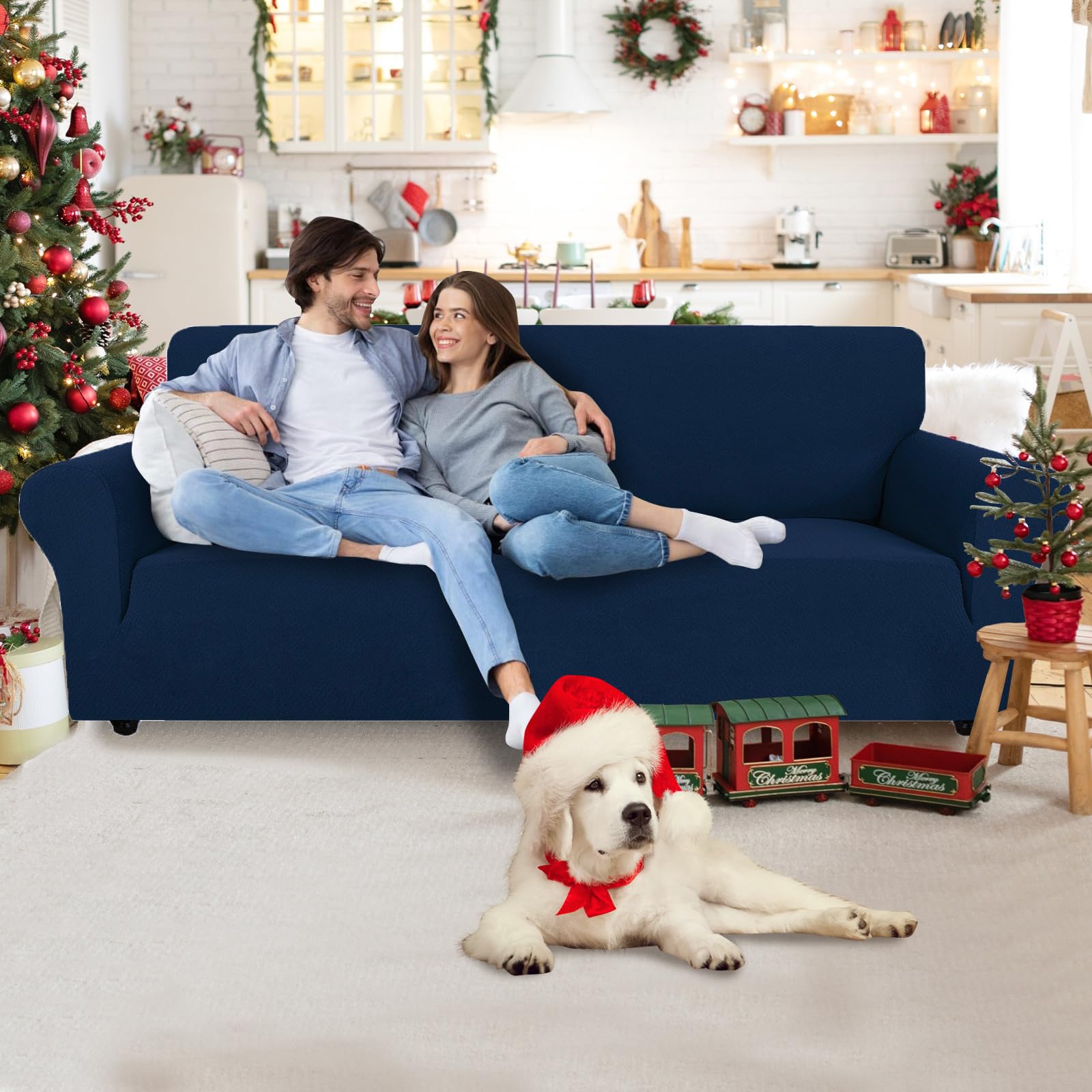 CYCMACO Copridivano 1 Posto Con Braccioli, Copridivani Elasticizzato Antiscivolo, Universale Moderno Copripoltrona Antigraffio, Sofa Cover Antimacchia, Lavabile In Lavatrice, Blu scuro