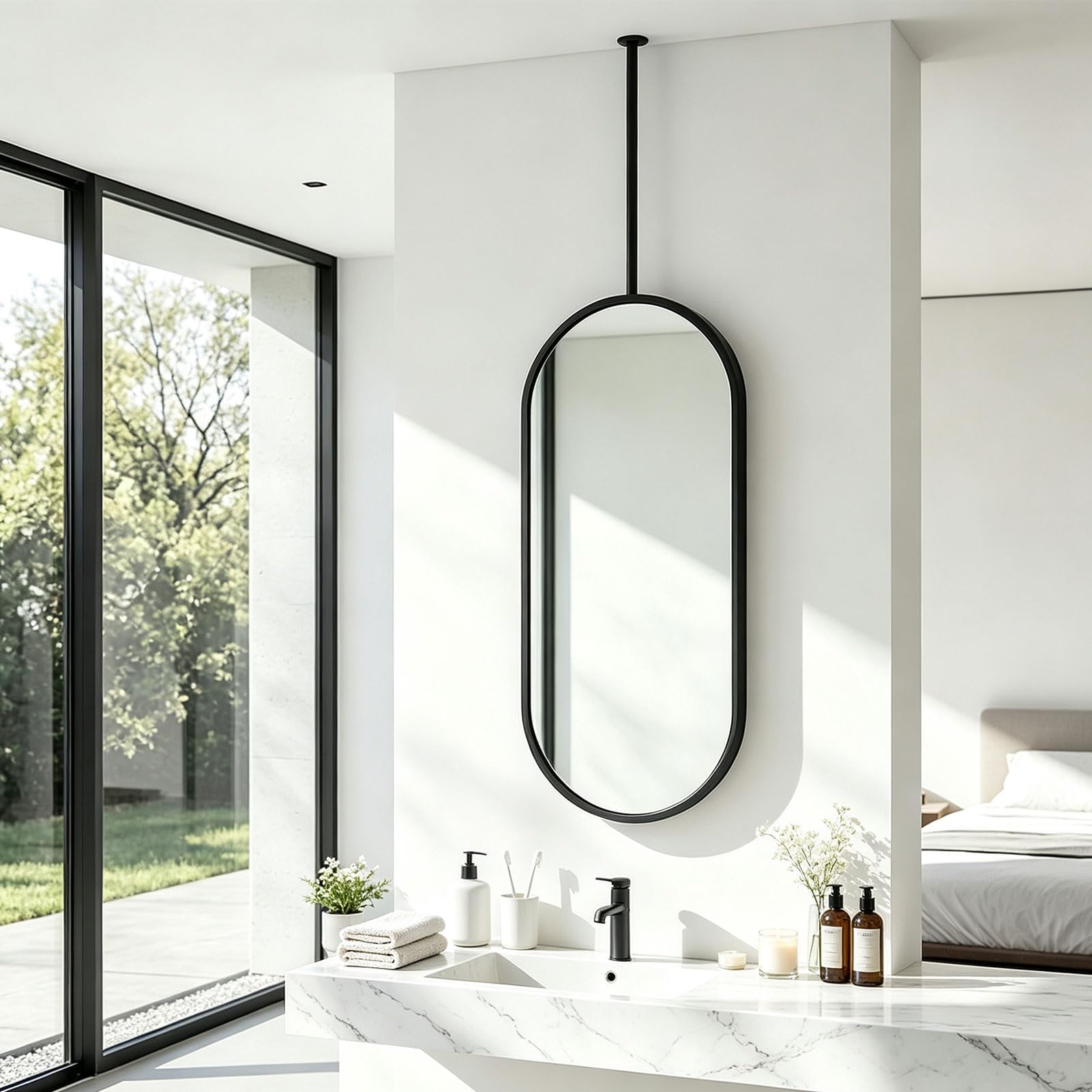 Miroirs de rasage vanité de salle de bains avec tige suspendue au plafond | Miroir monté au plafond avec cadre et flèche en acier inoxydable brossé(Noir,50cmx70cm)